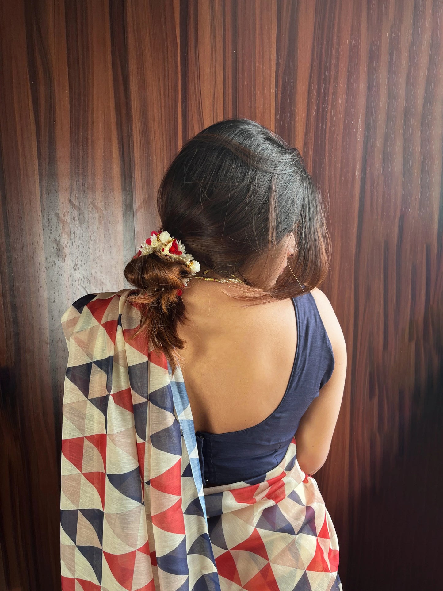 Printed Saree - Blue, Red and Cream Prints Paired With Dark Blue Blouse