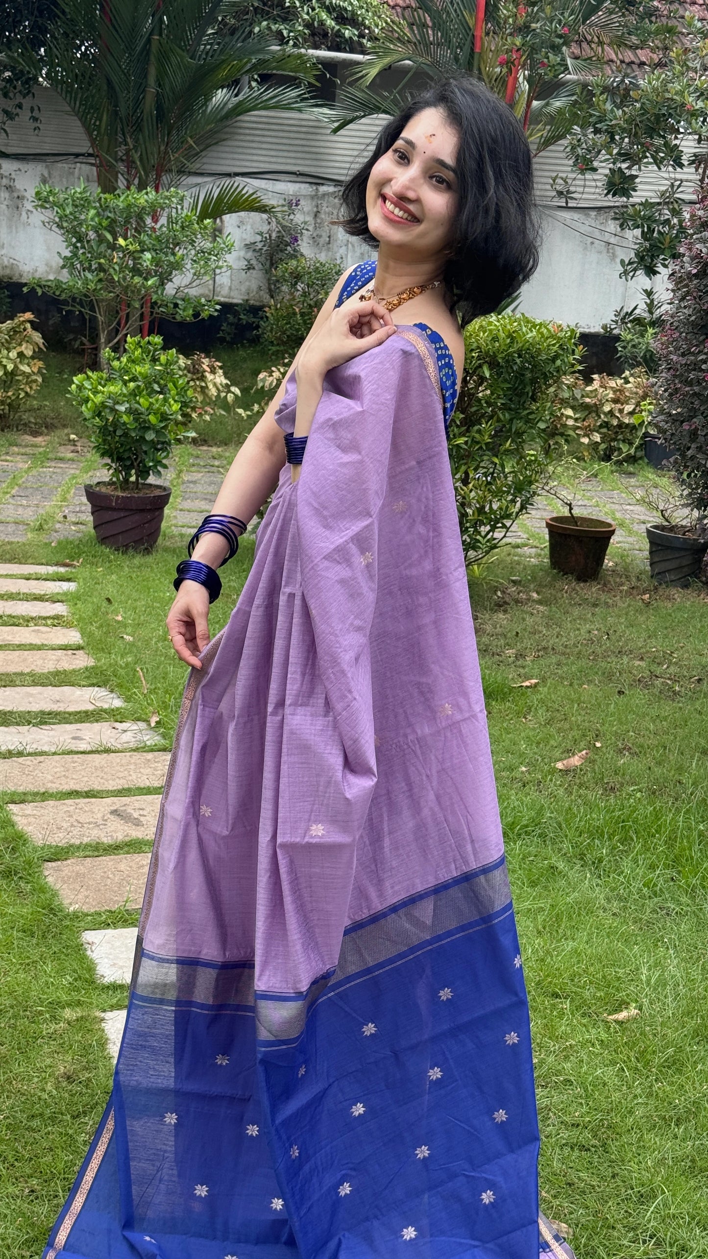 Purple Semi Silk Cotton Mix Saree With Blue blouse