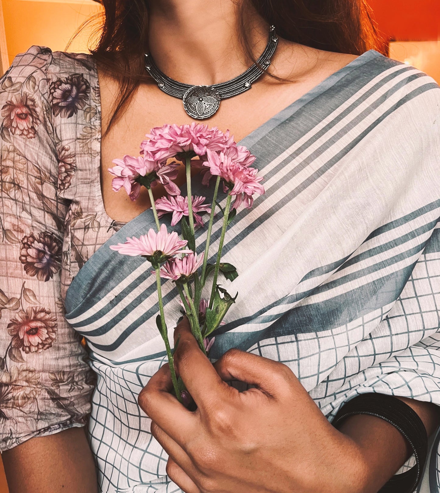 White Breezy Saree Paired With Grey Blouse