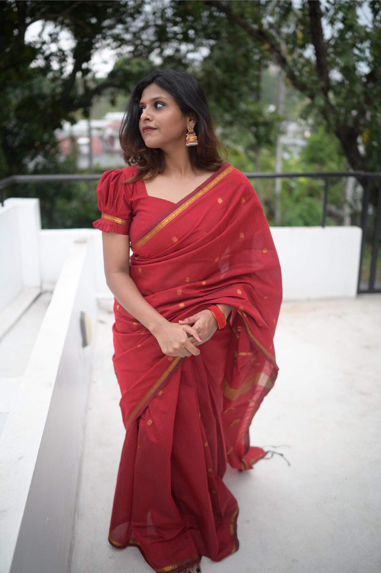 Red with Golden Floral Motifs Soft Silk Cotton Saree
