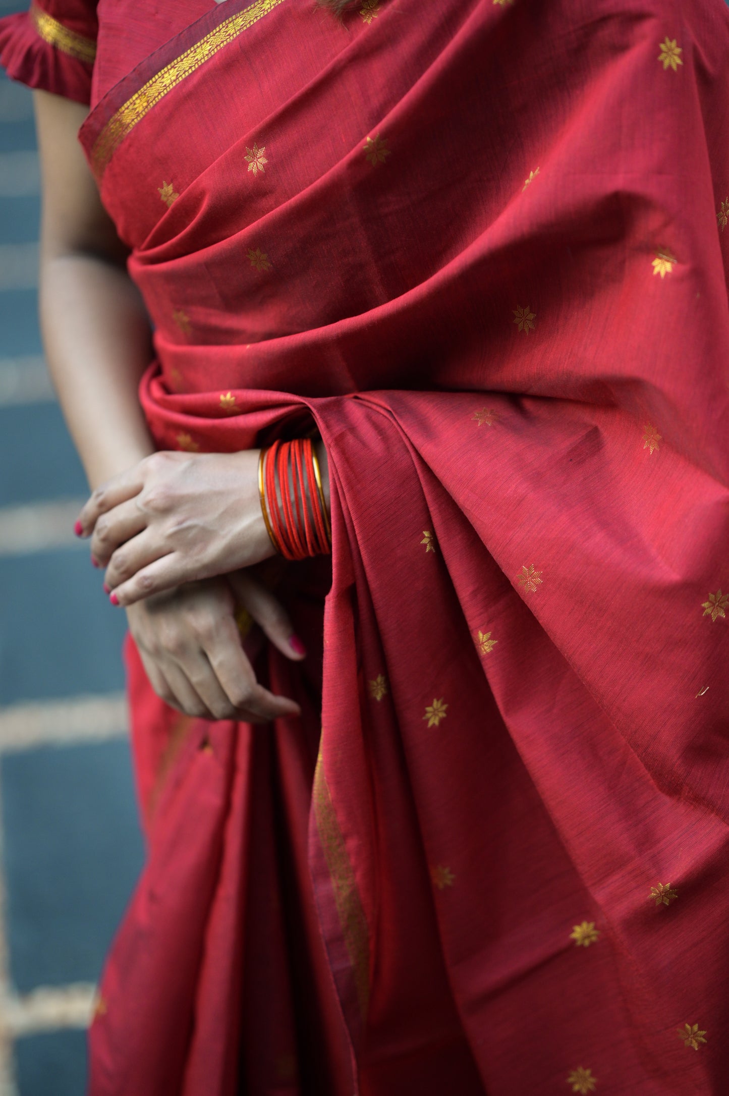 Red with Golden Floral Motifs Soft Silk Cotton Saree