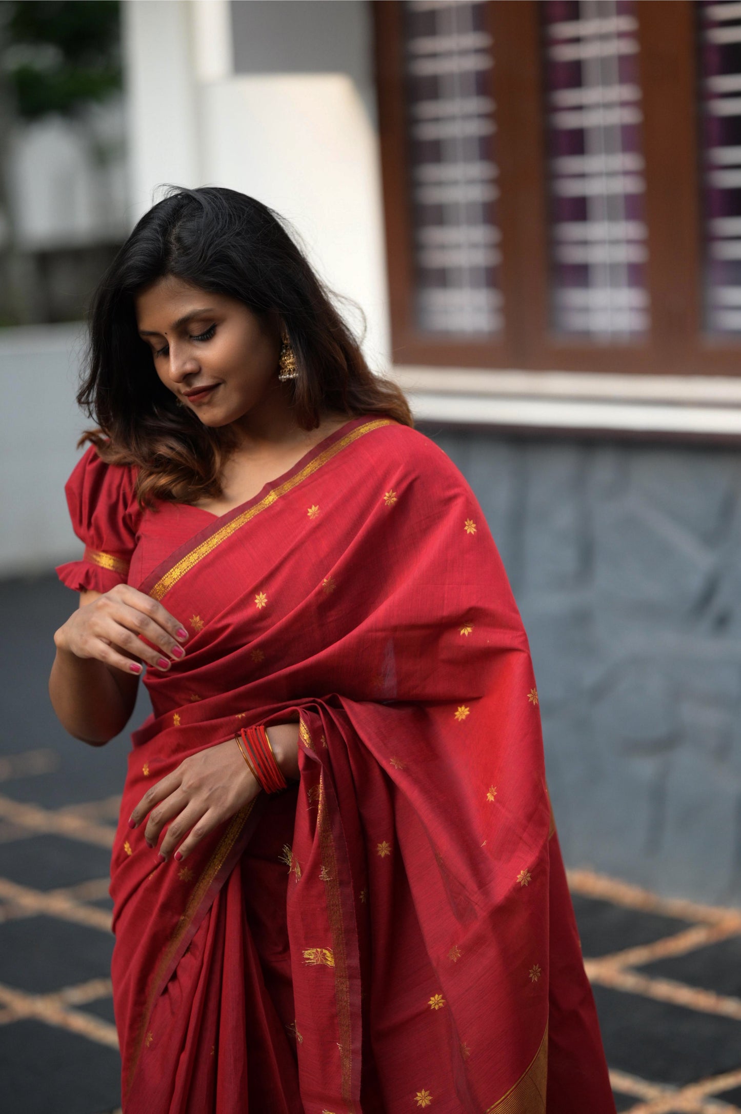 Red with Golden Floral Motifs Soft Silk Cotton Saree
