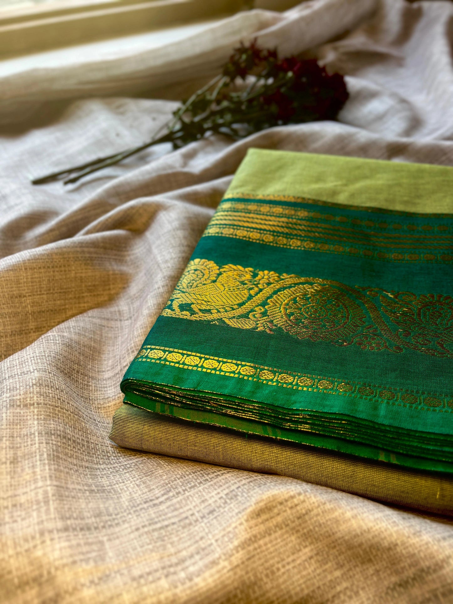 Light Green Kanchi Cotton Saree With Running Blouse
