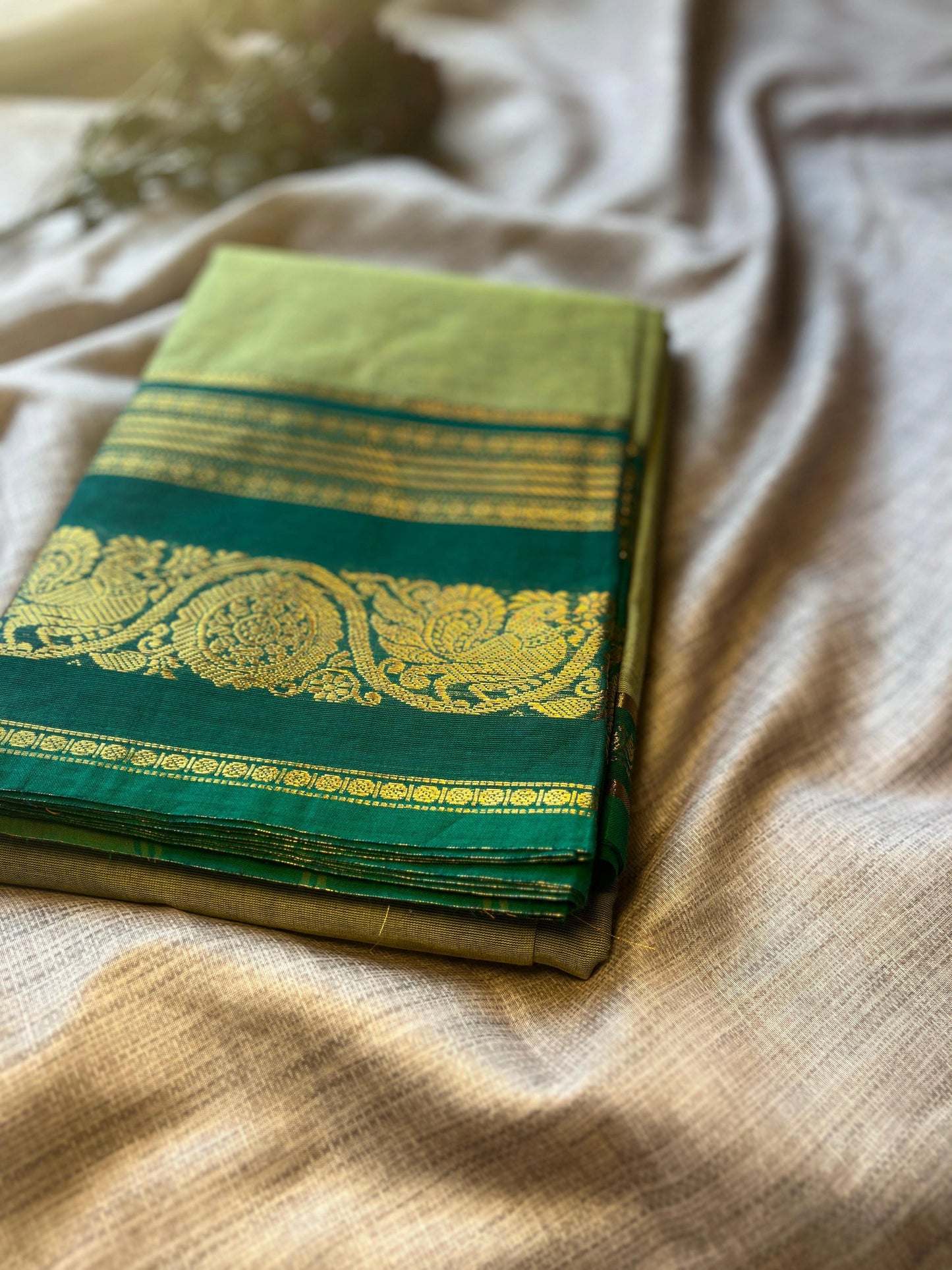 Light Green Kanchi Cotton Saree With Running Blouse