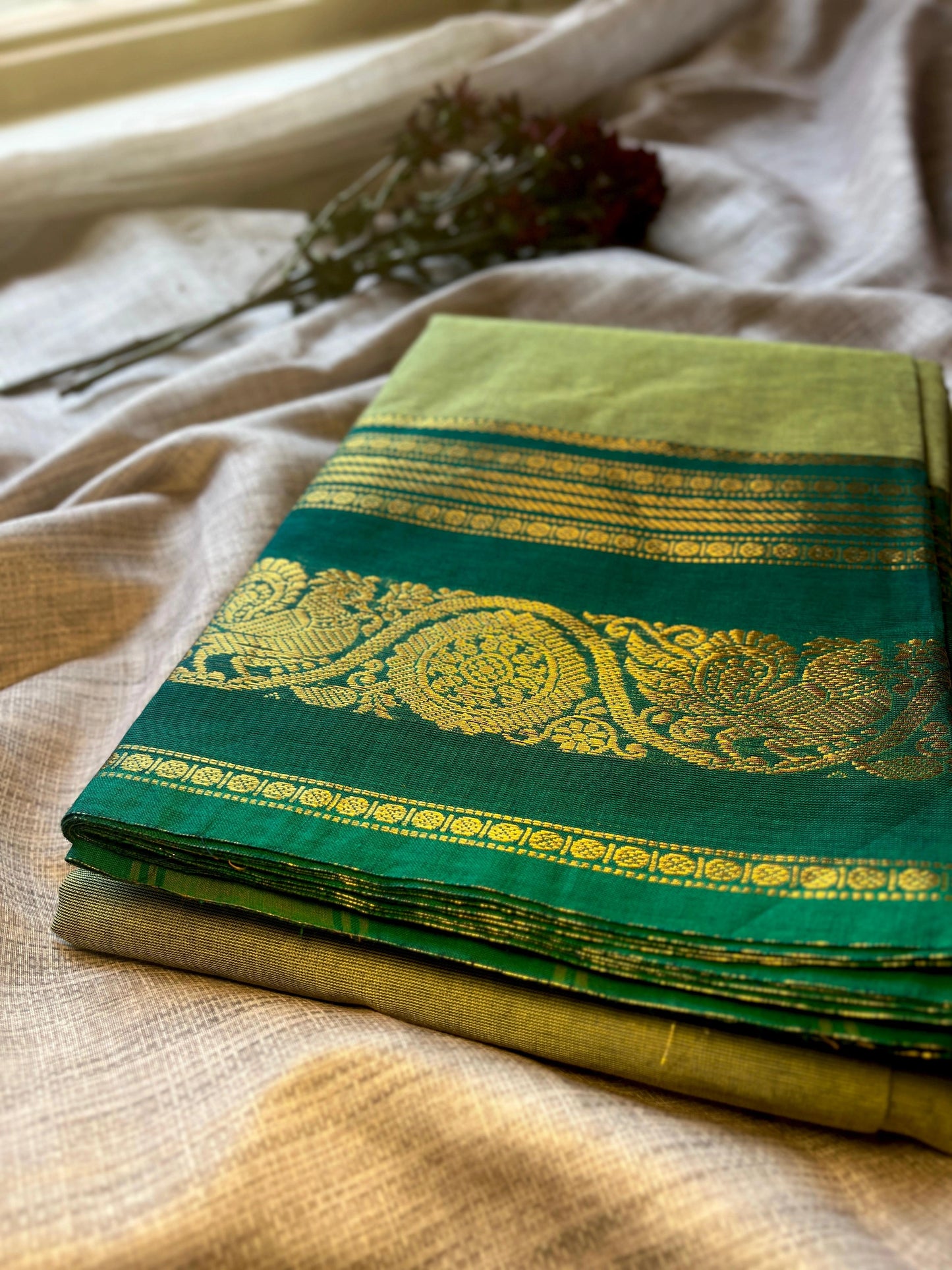 Light Green Kanchi Cotton Saree With Running Blouse