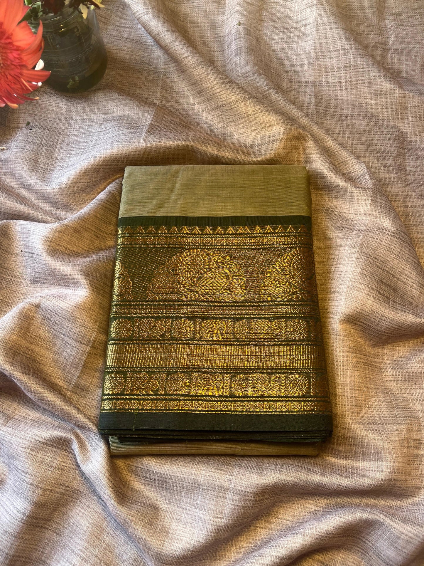 Light Neutral Green Kanchi Cotton Saree With Running Blouse