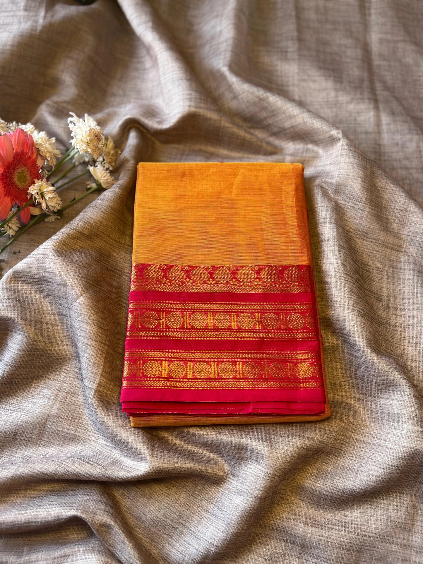 Orange Kanchi Cotton Saree With Running Blouse