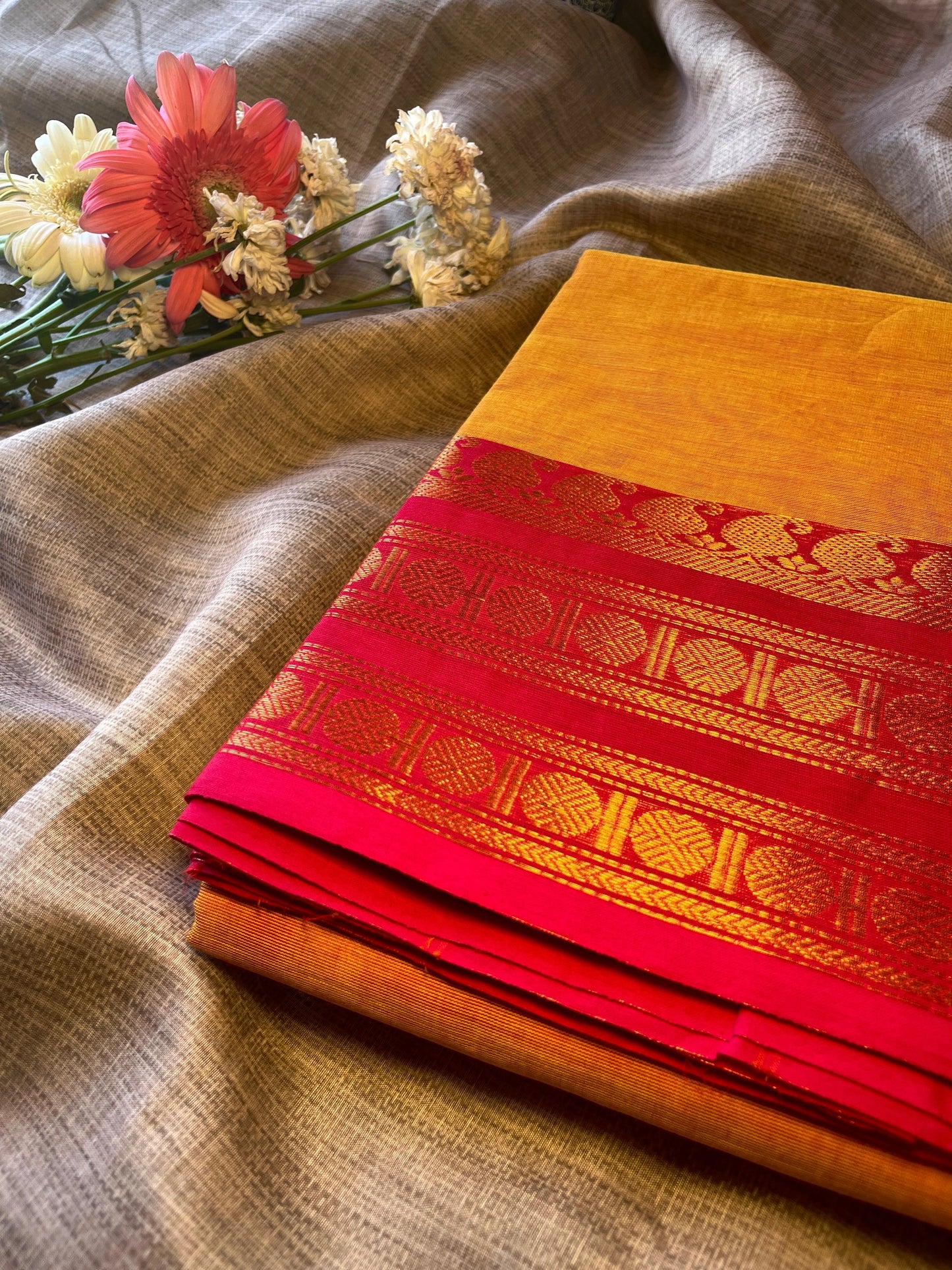 Orange Kanchi Cotton Saree With Running Blouse