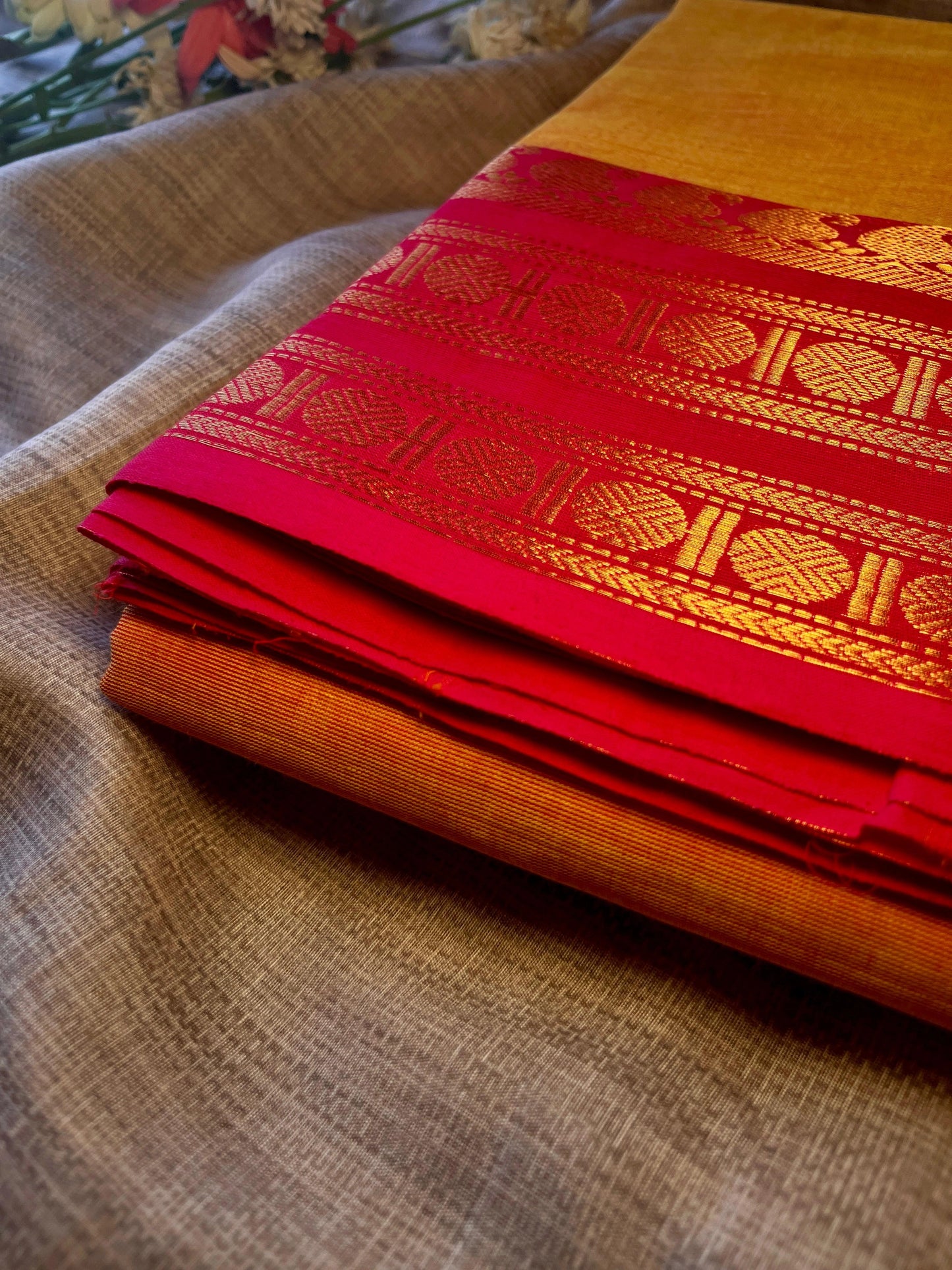 Orange Kanchi Cotton Saree With Running Blouse