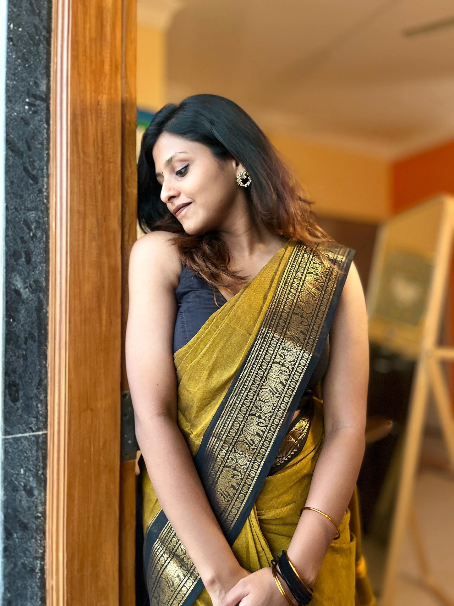 Mustard Yellow Kanchi Cotton Saree With Running Blouse