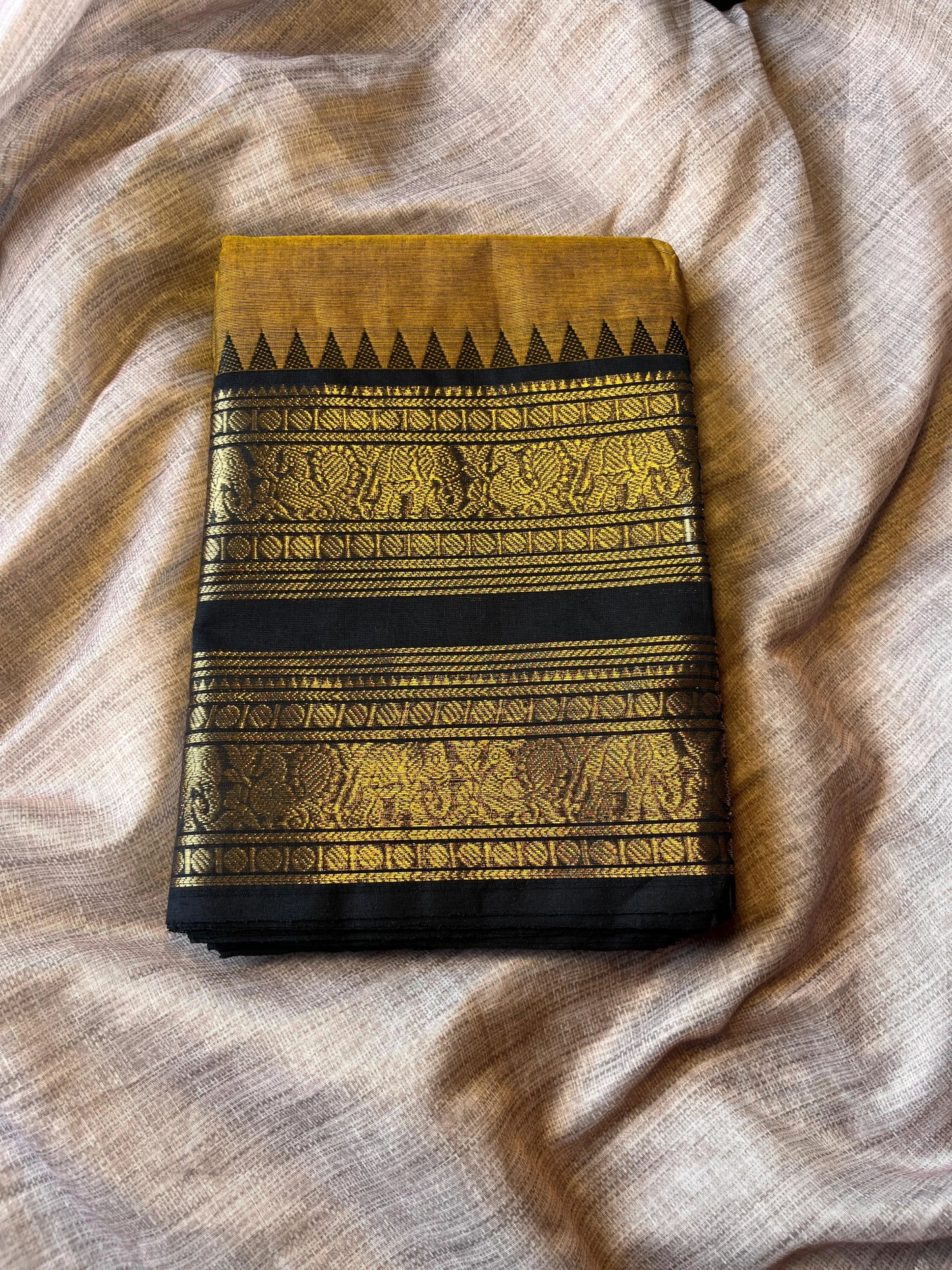 Mustard Yellow Kanchi Cotton Saree With Running Blouse