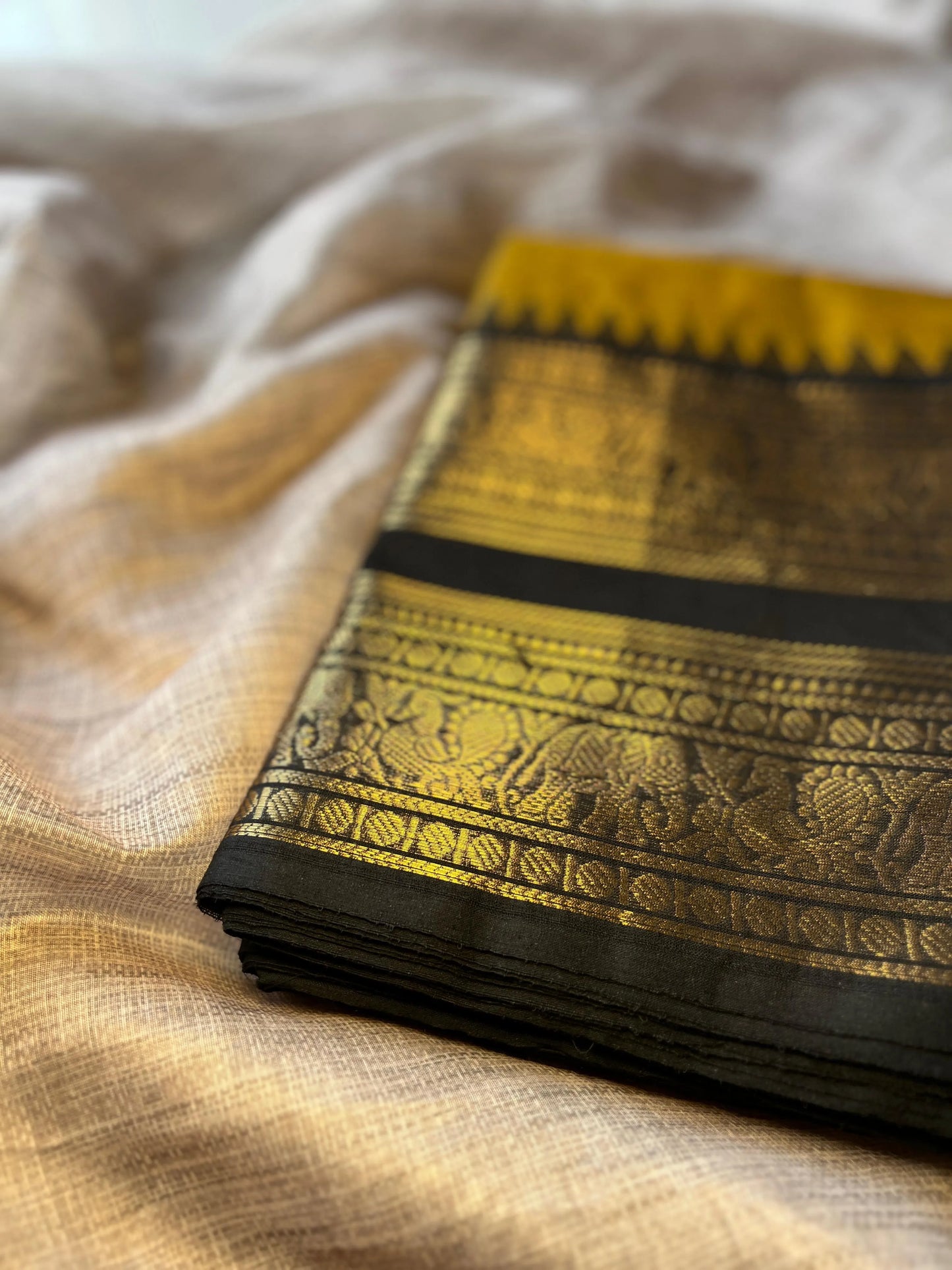 Mustard Yellow Kanchi Cotton Saree With Running Blouse