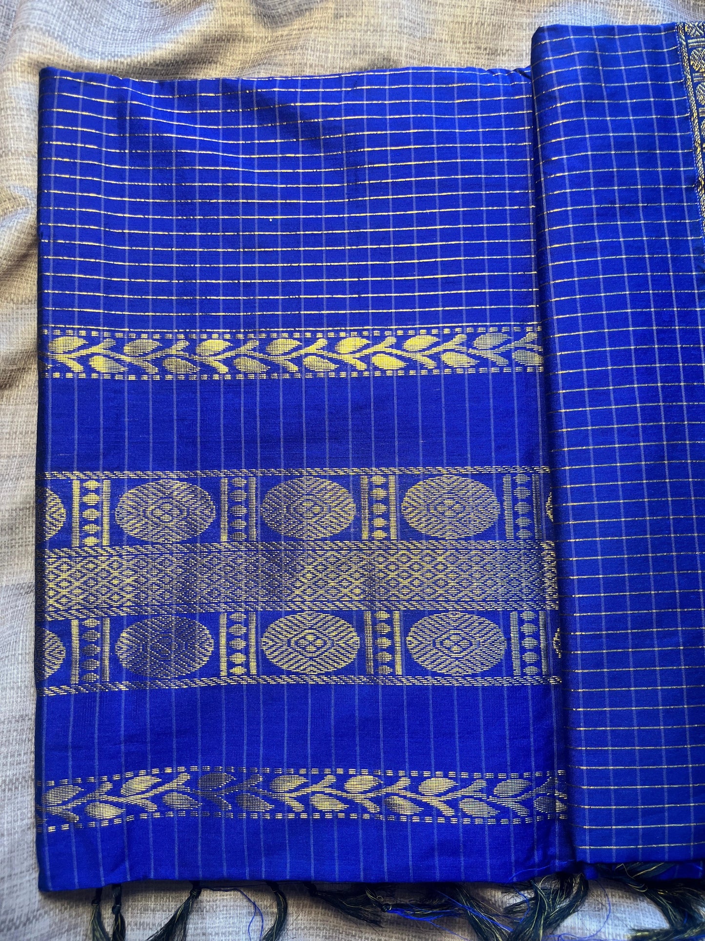 Navy Blue Soft Silk/ Cotton Mix Saree With Running Blouse
