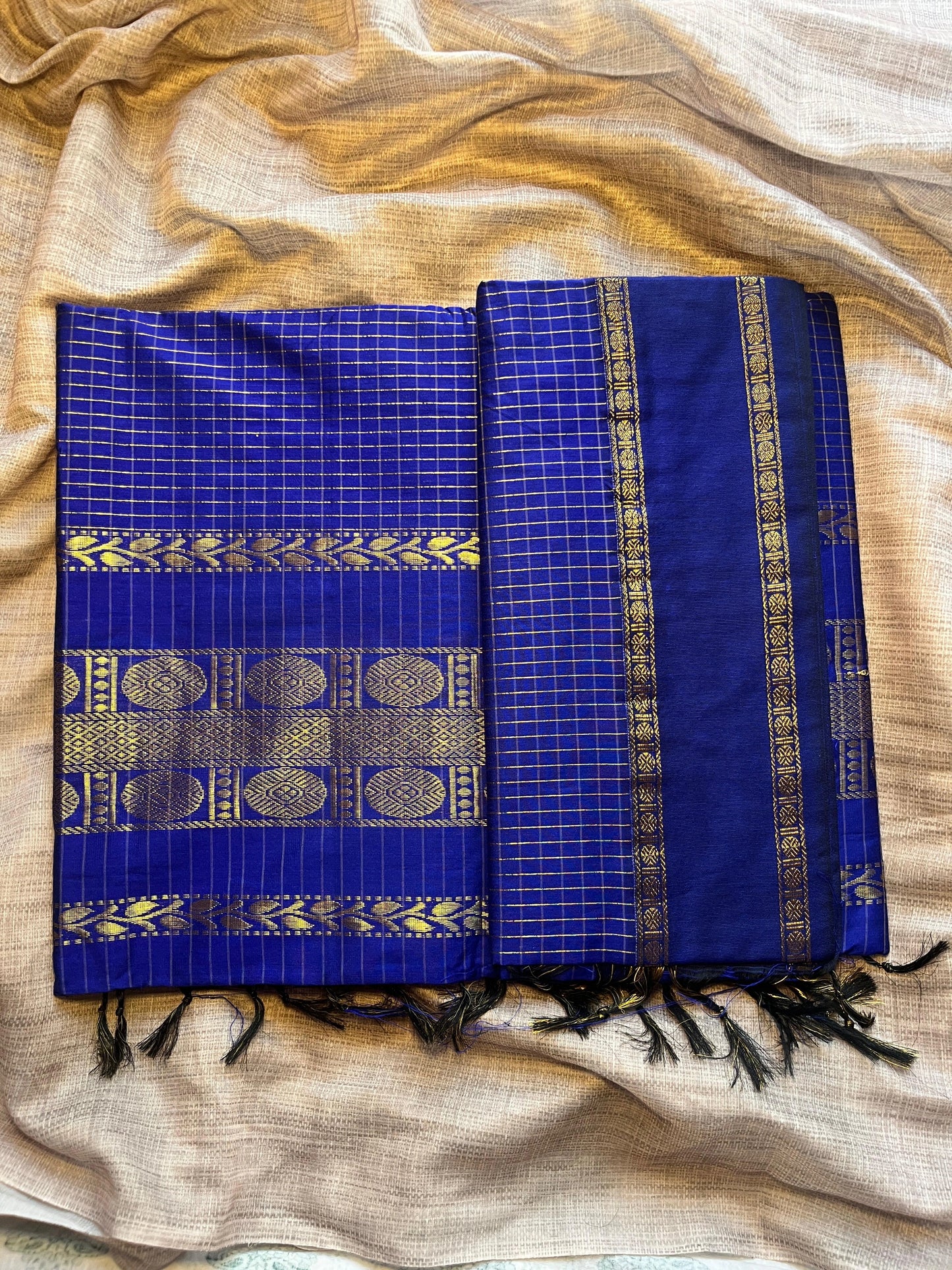 Navy Blue Soft Silk/ Cotton Mix Saree With Running Blouse