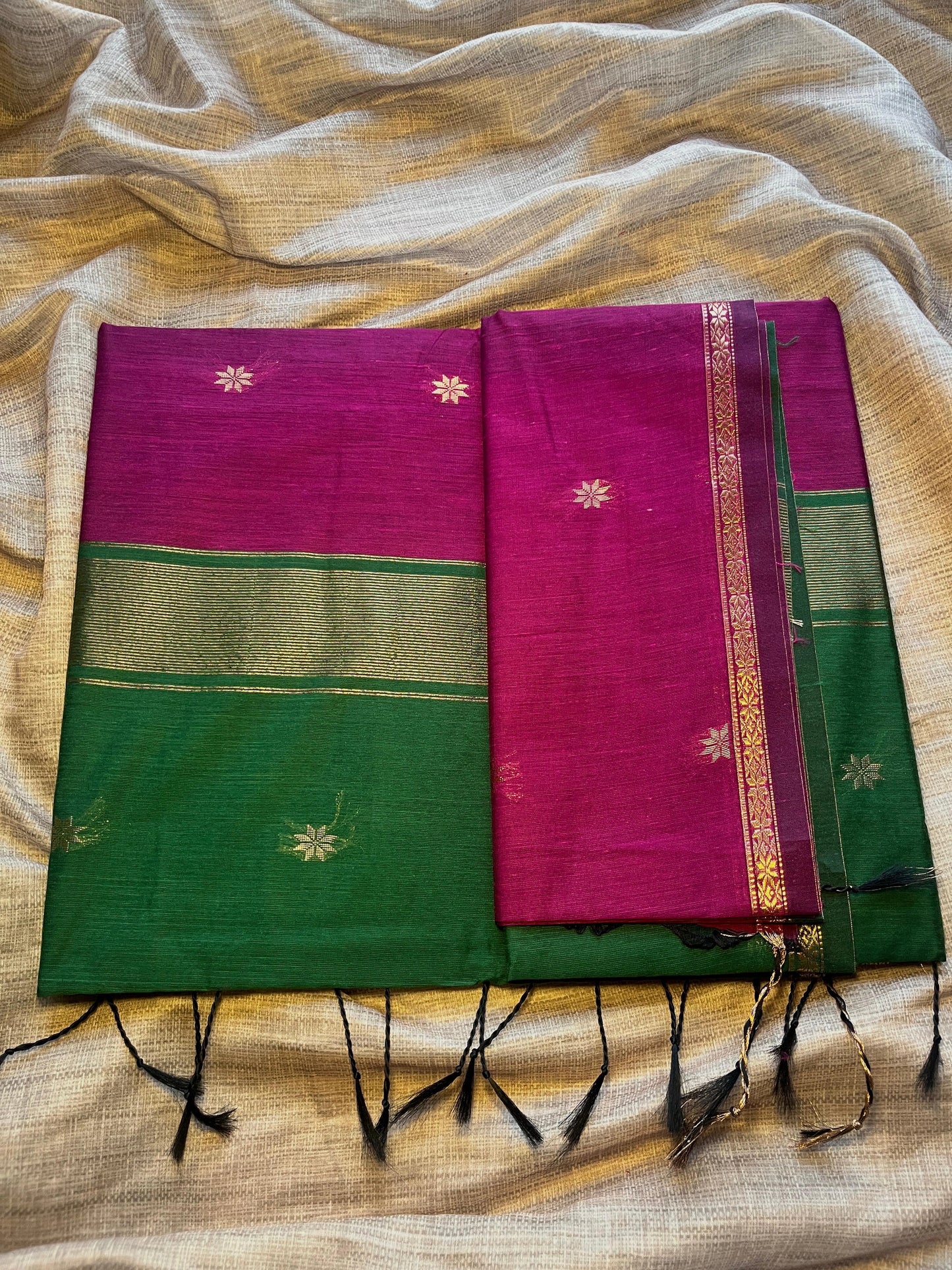 Orchid and Green Color Soft Silk & Cotton Mix Saree With Running Blouse