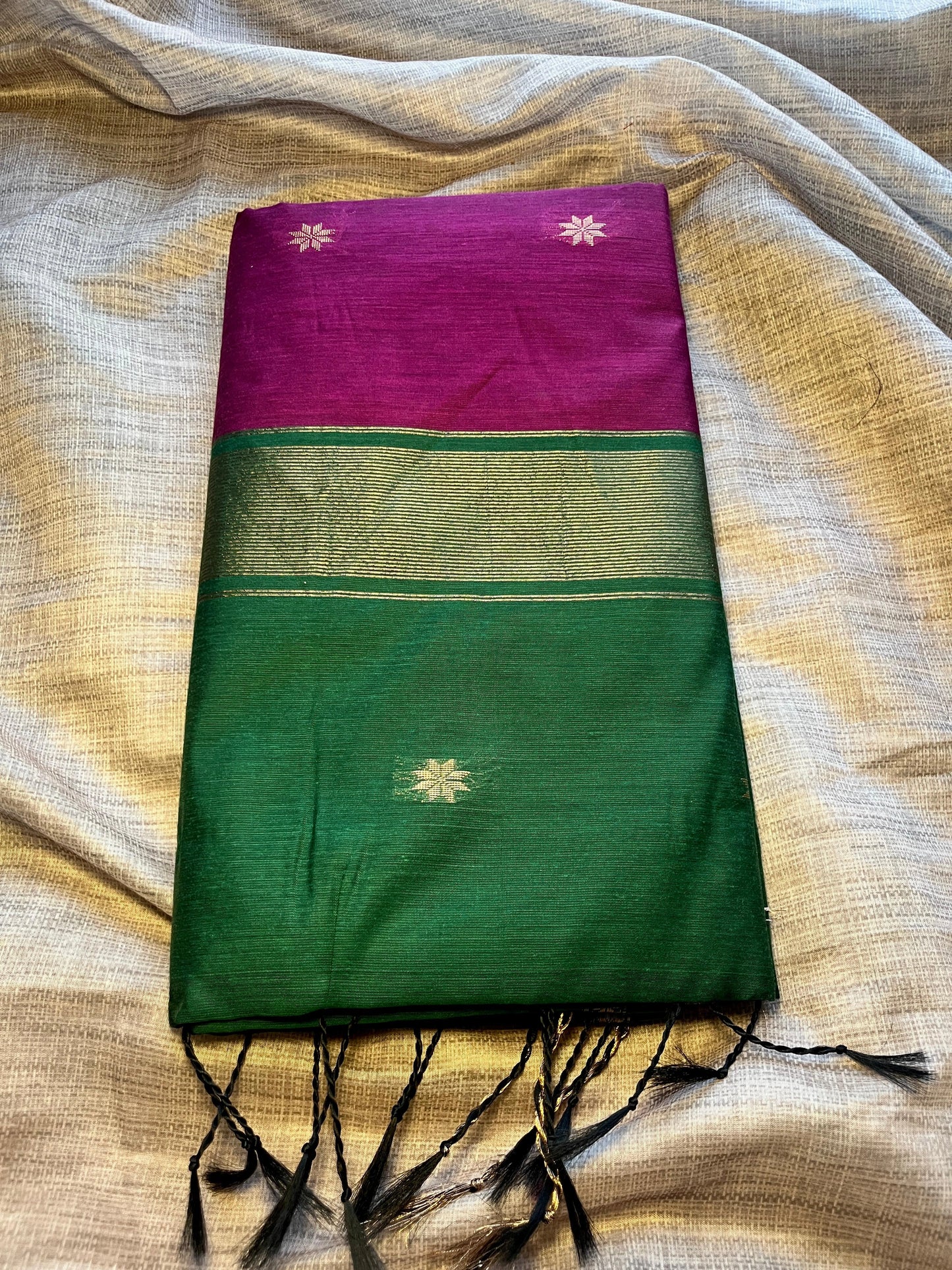 Orchid and Green Color Soft Silk & Cotton Mix Saree With Running Blouse