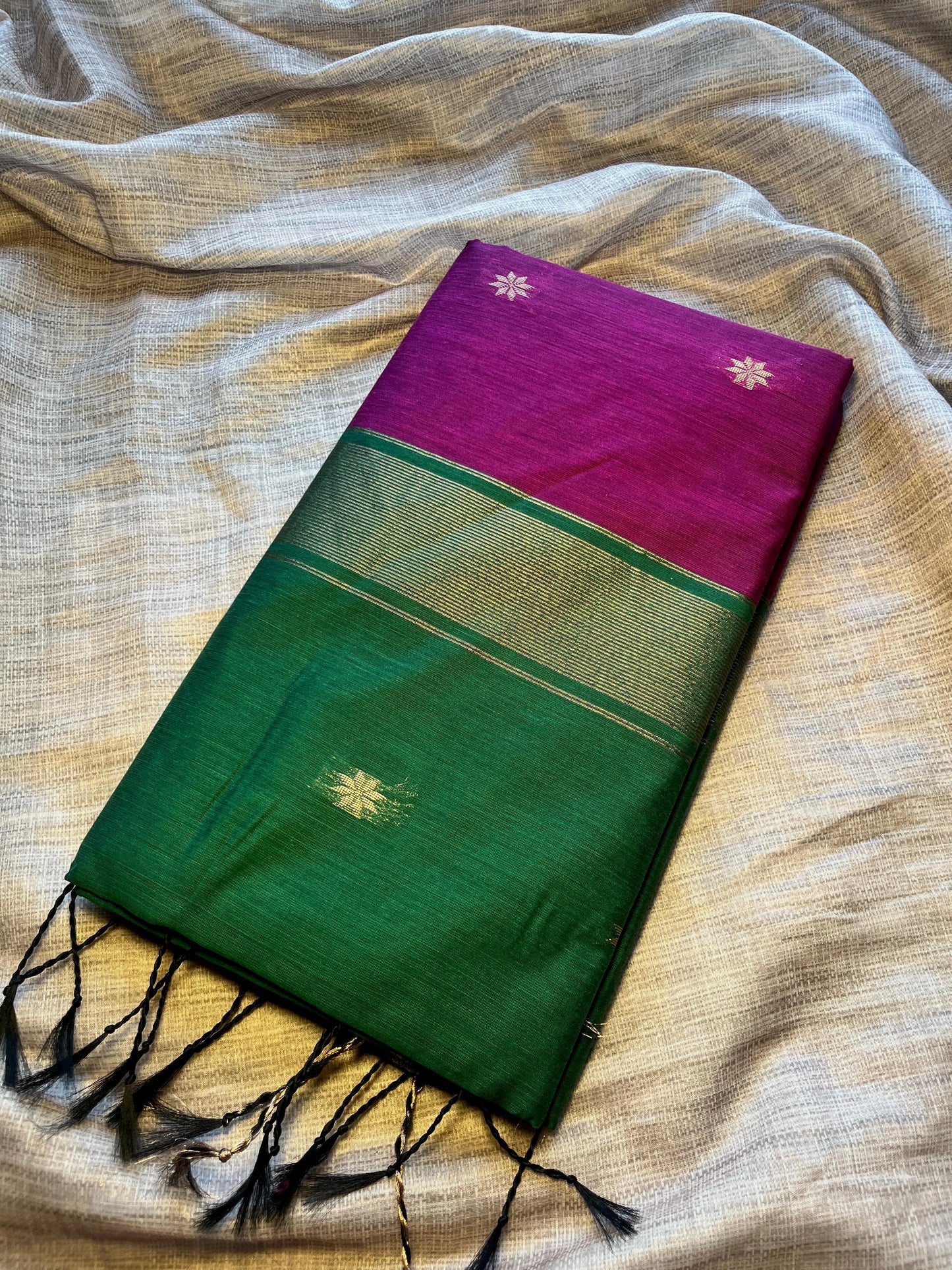 Orchid and Green Color Soft Silk & Cotton Mix Saree With Running Blouse