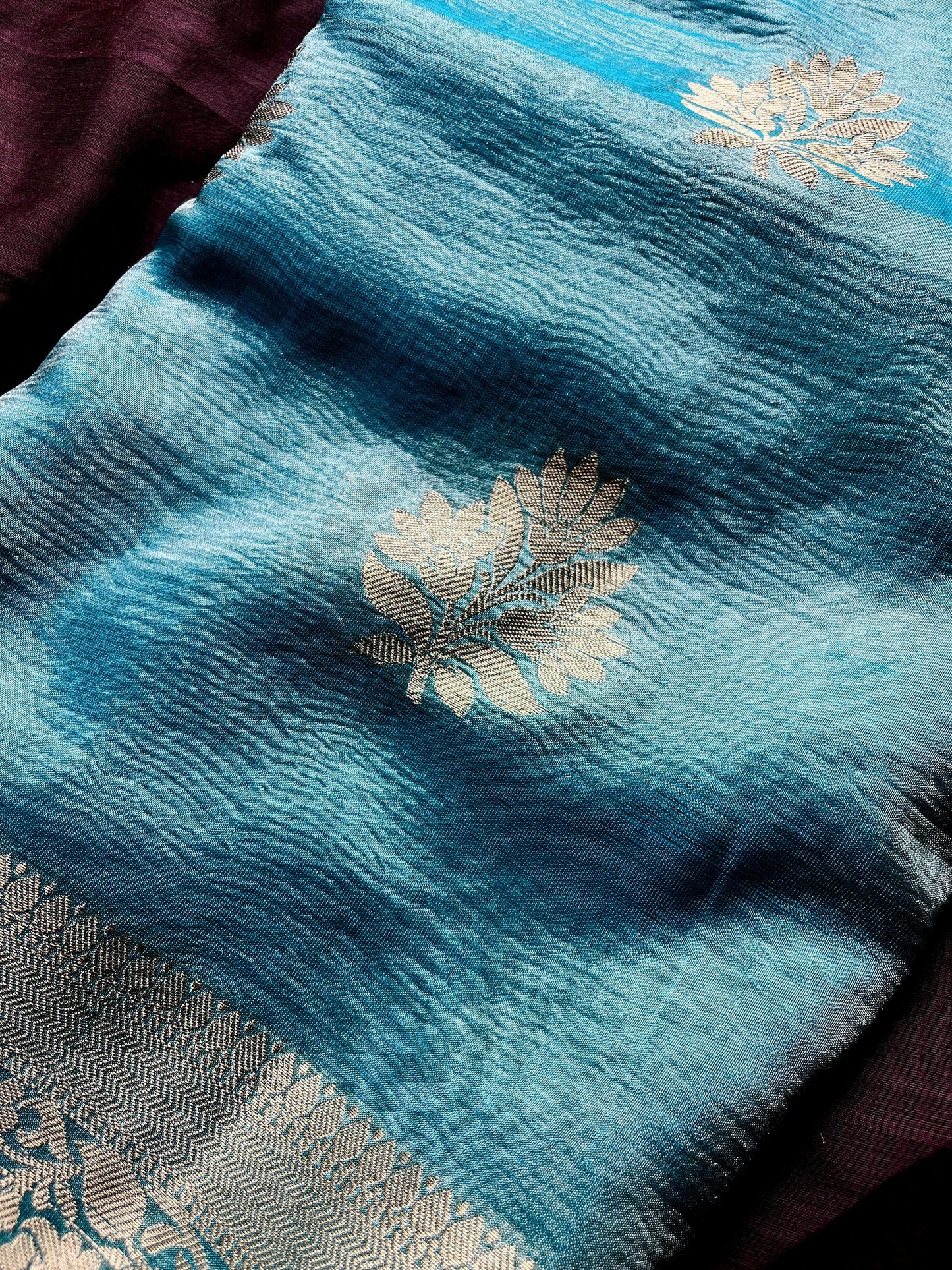 Crushed Semi Katan Tissue Saree - Light Blue Elegance