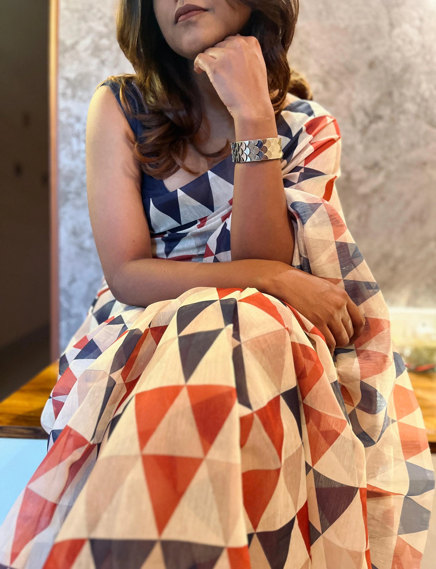 Printed Saree - Blue, Red and Cream Prints Paired With Dark Blue Blouse