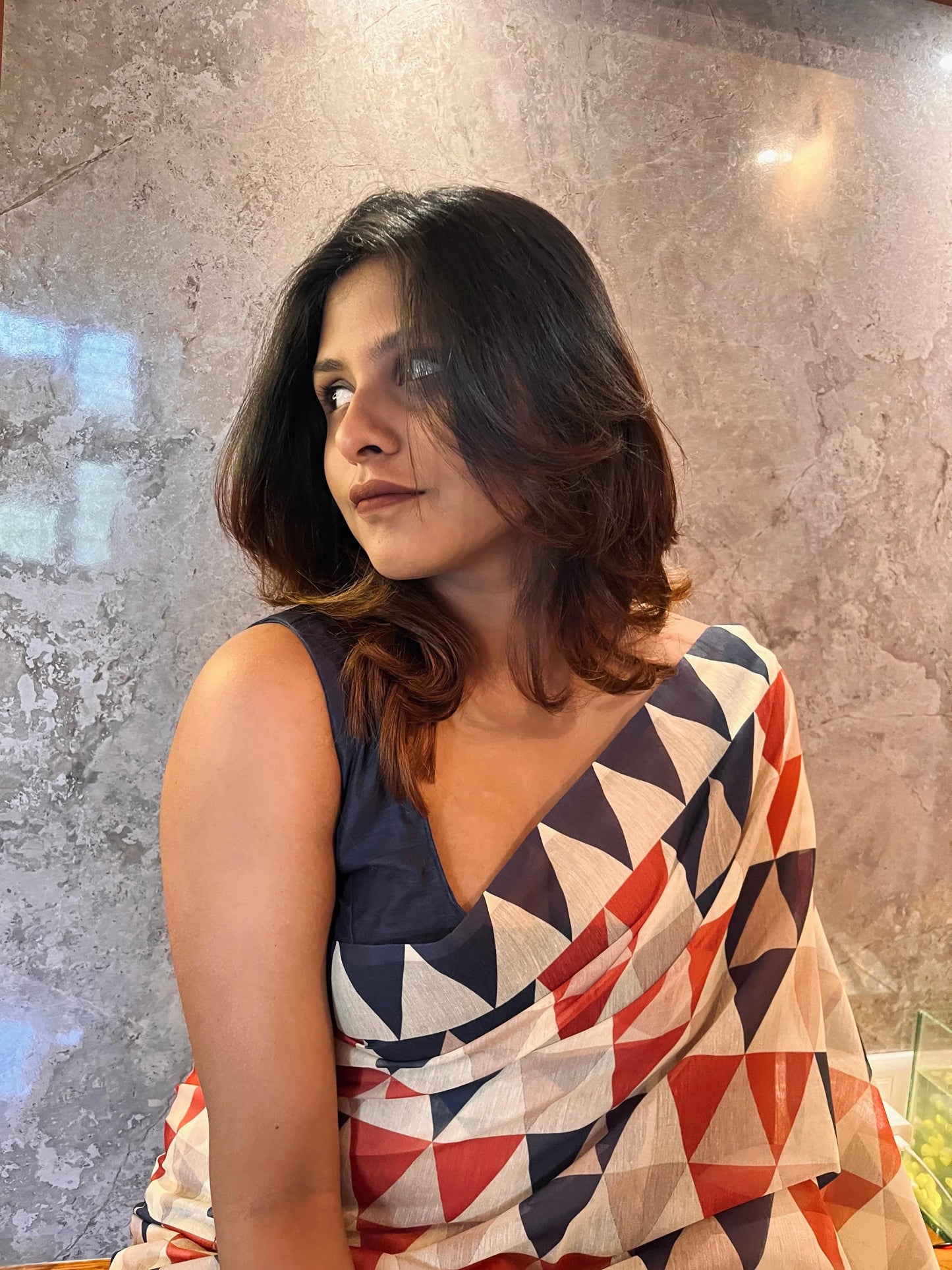 Printed Saree - Blue, Red and Cream Prints Paired With Dark Blue Blouse