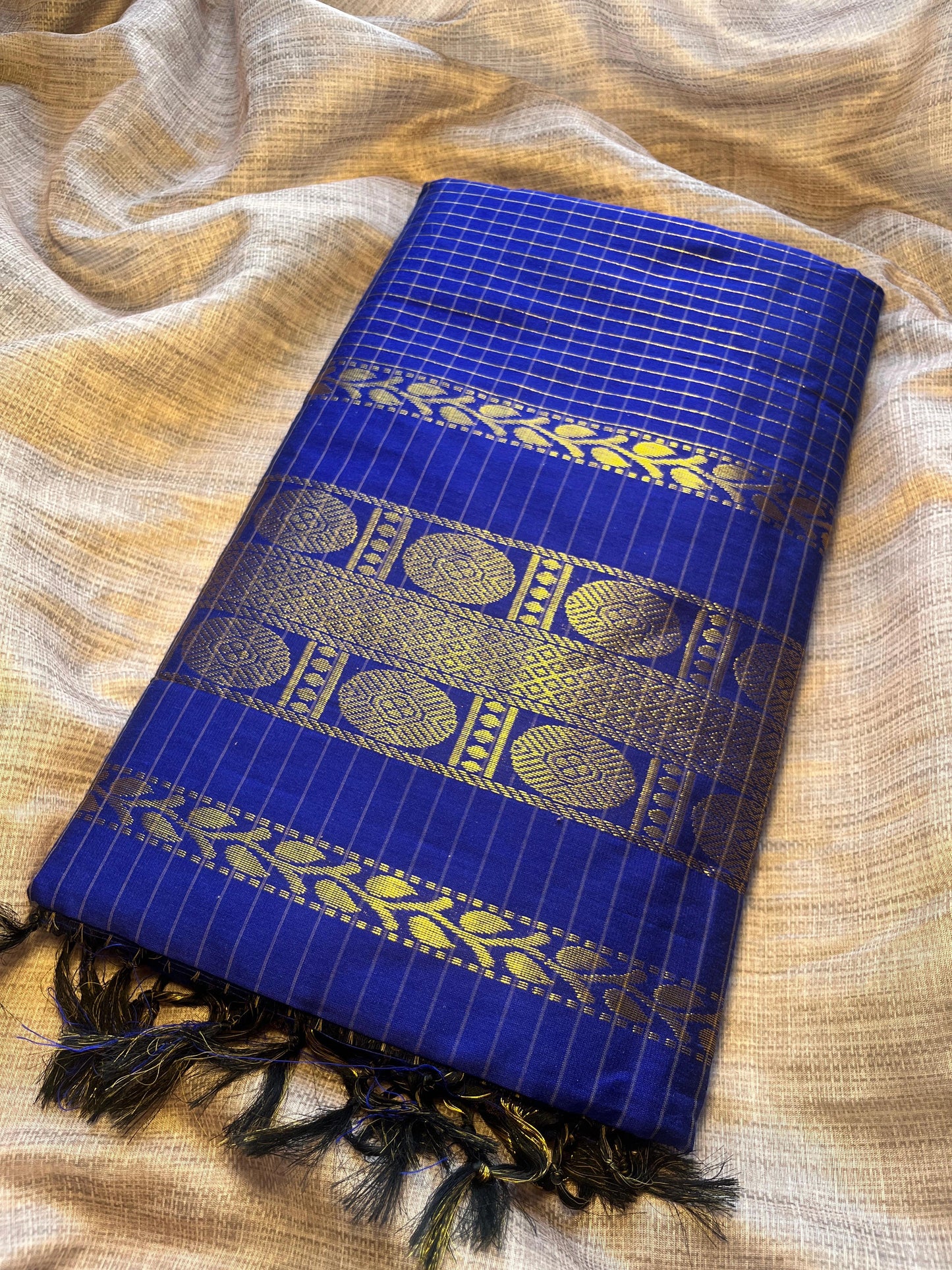 Navy Blue Soft Silk/ Cotton Mix Saree With Running Blouse