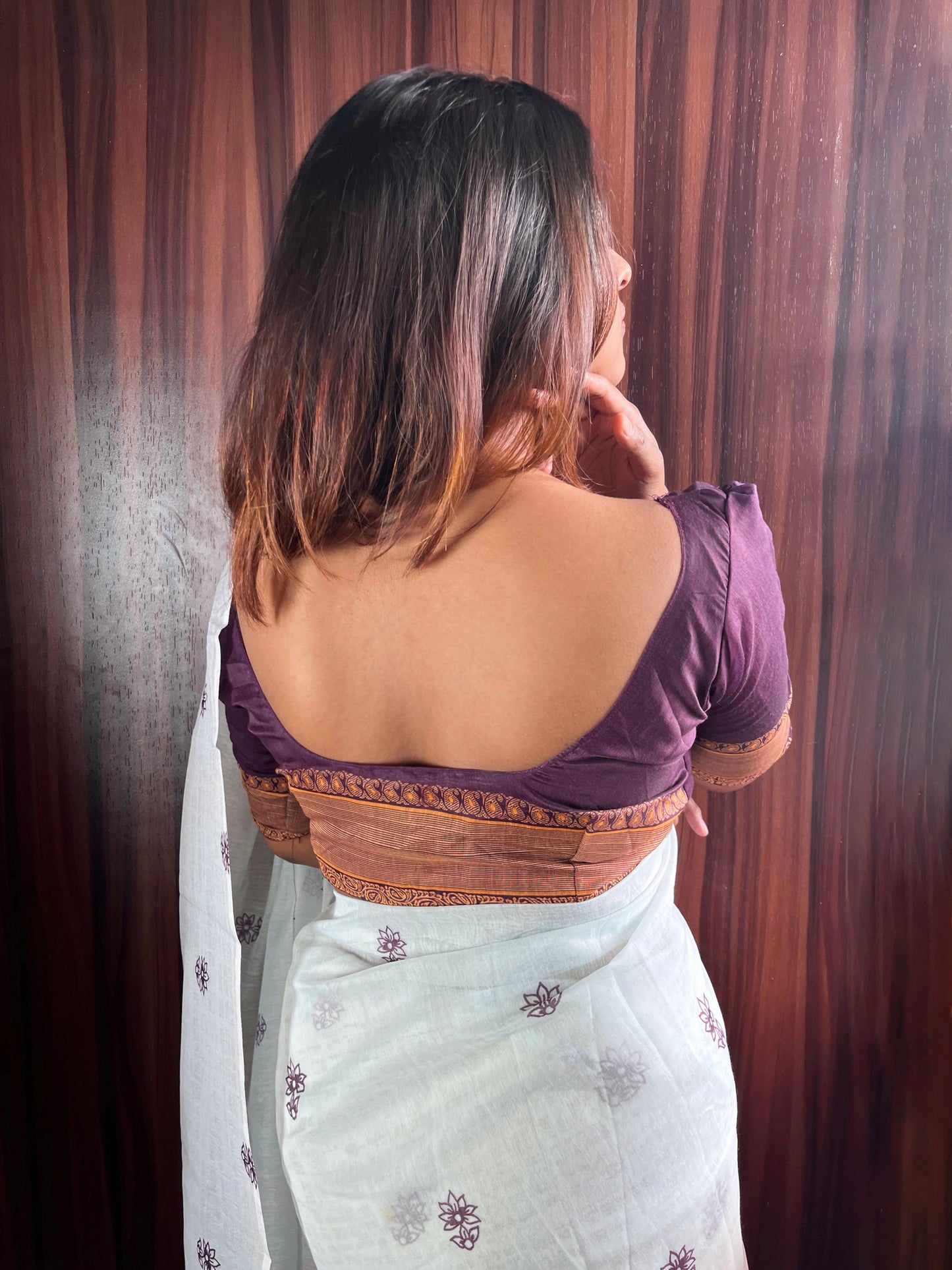 White & Maroon Cotton Mulmul Saree