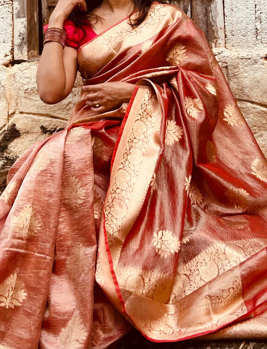 Crushed Semi Katan Tissue Saree – Radiant Orange Charm