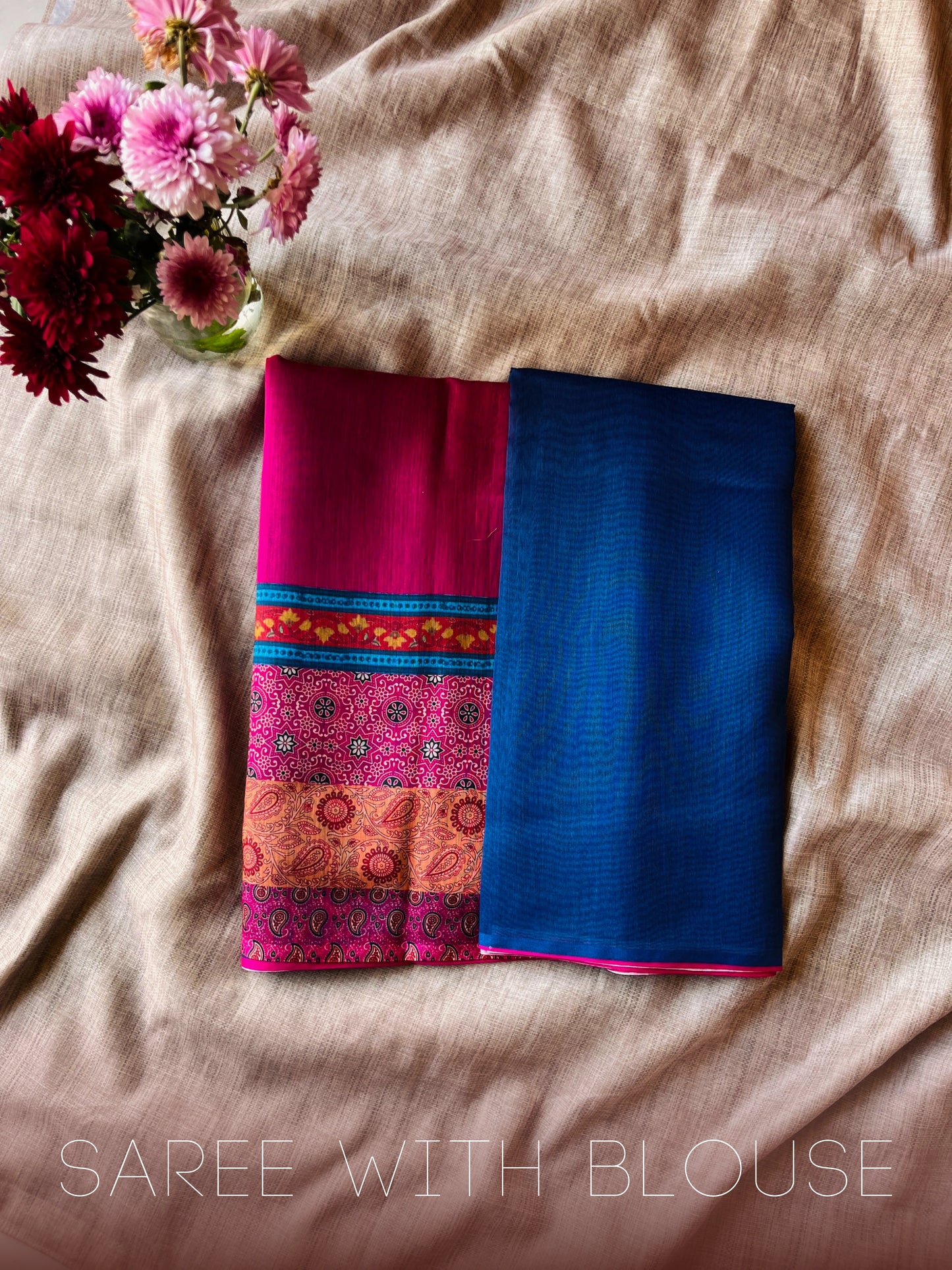 Dark Blue Saree Paired With Magenta Printed Blouse