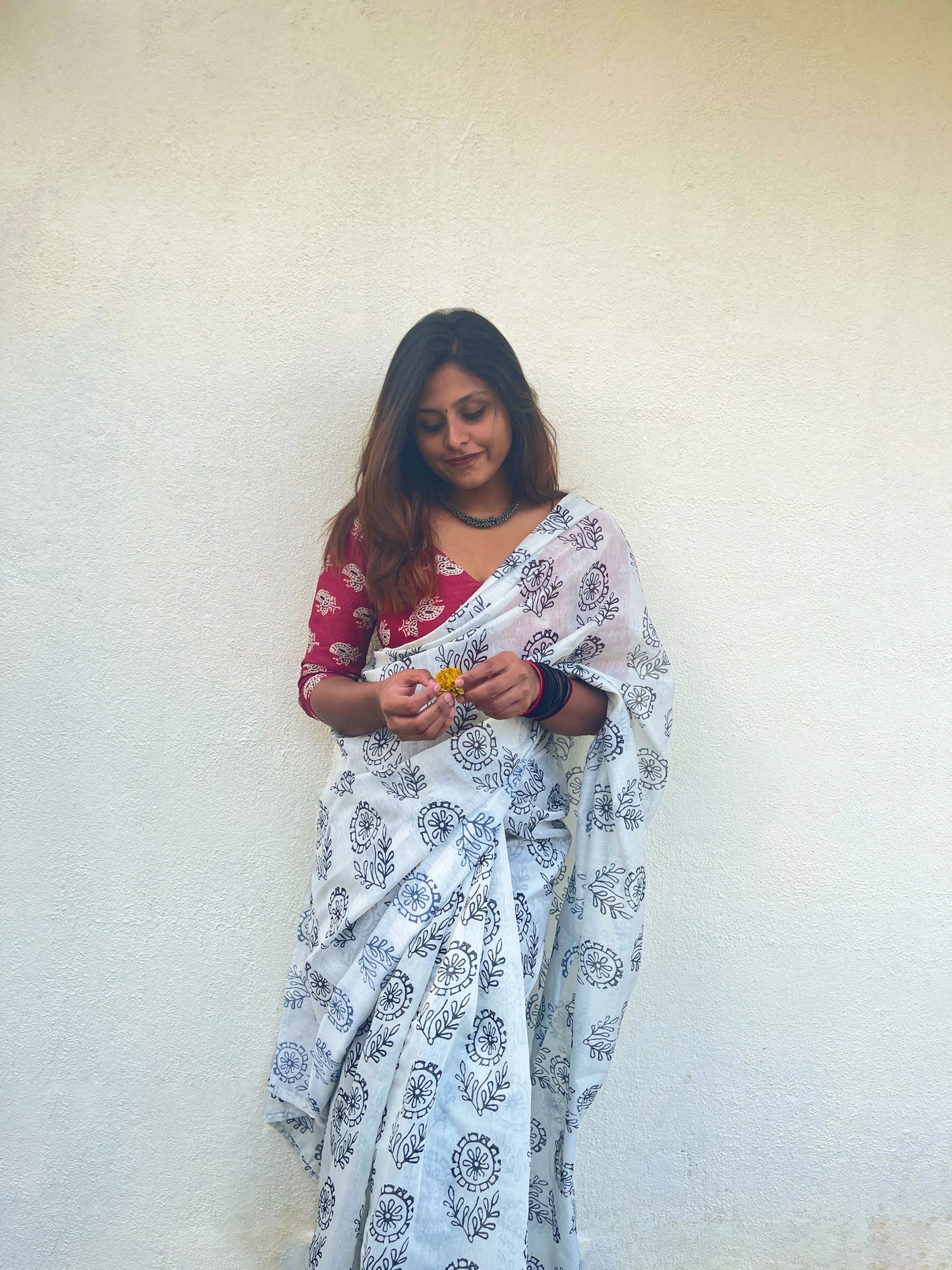 Red and Off-White Printed Cotton Mulmul  Saree