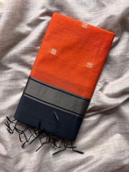 Orange Saree with Black Pallu & Golden Motifs