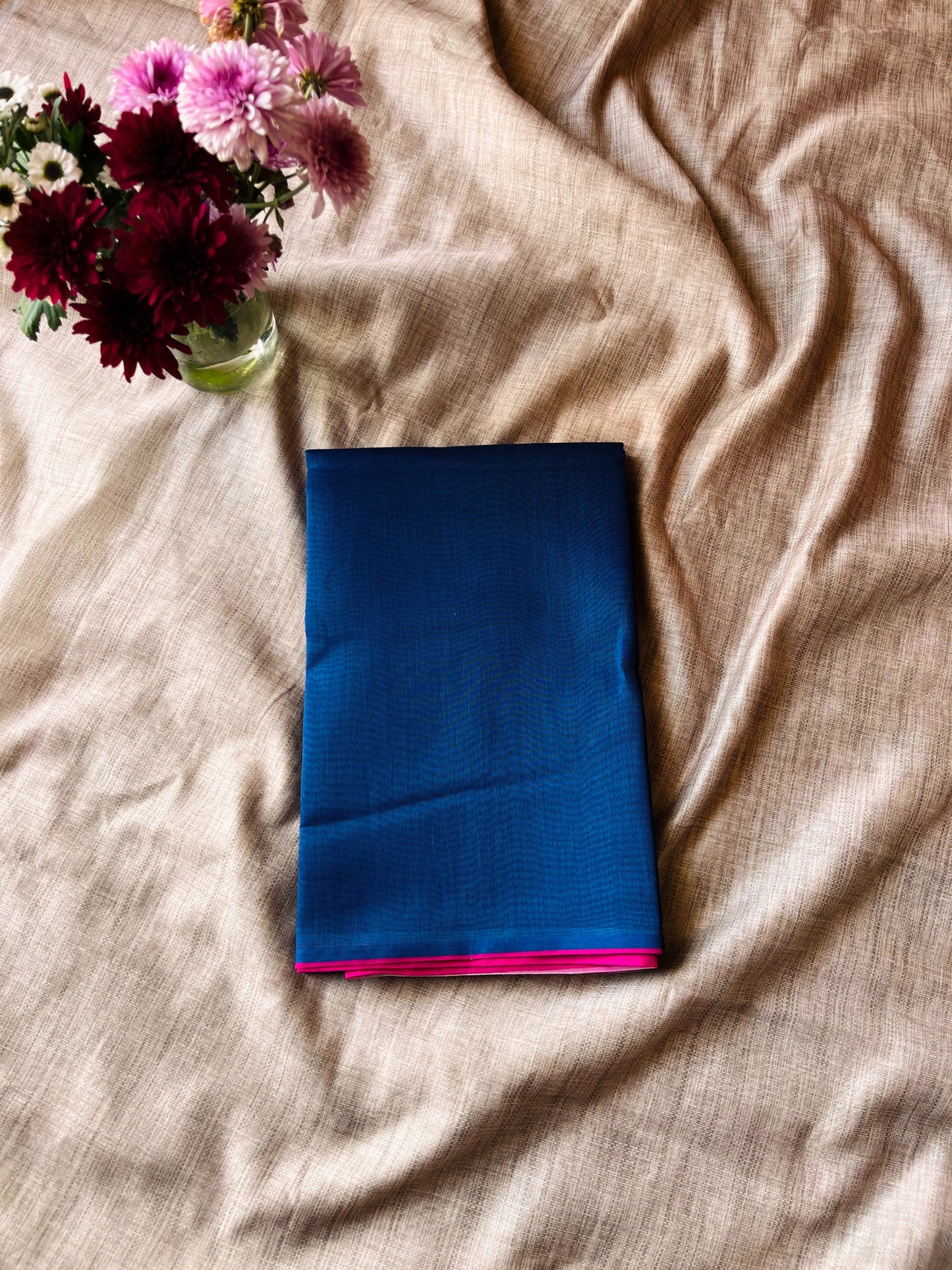 Dark Blue Saree Paired With Magenta Printed Blouse