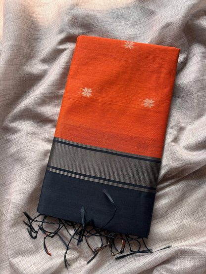 Orange Saree with Black Pallu & Golden Motifs