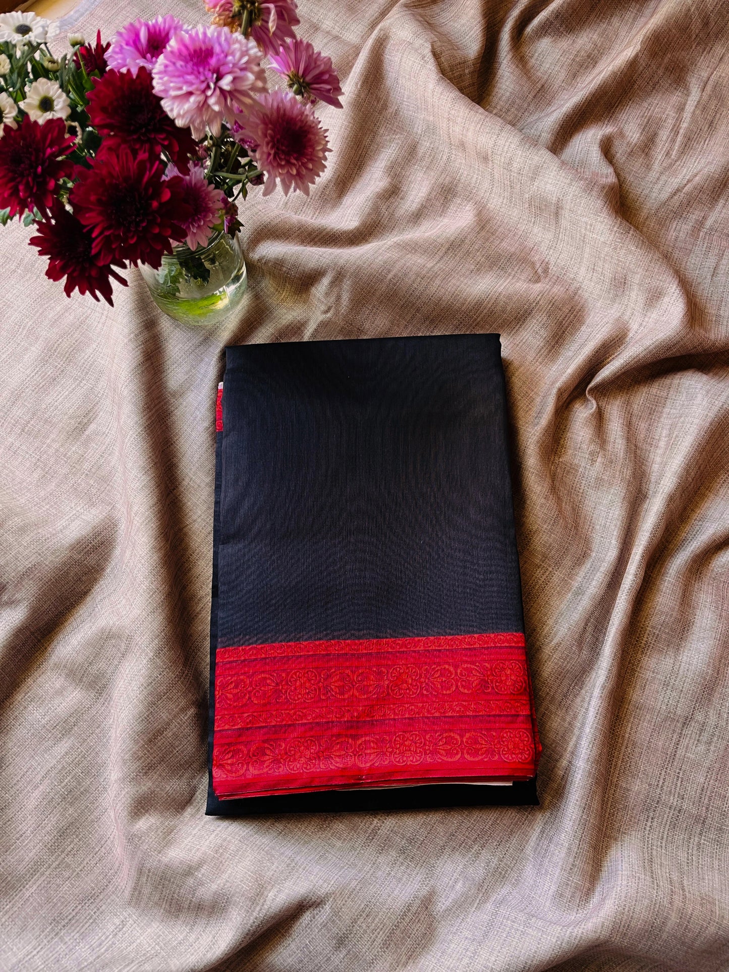 Black Cotton Mulmul Saree with Black Blouse 01