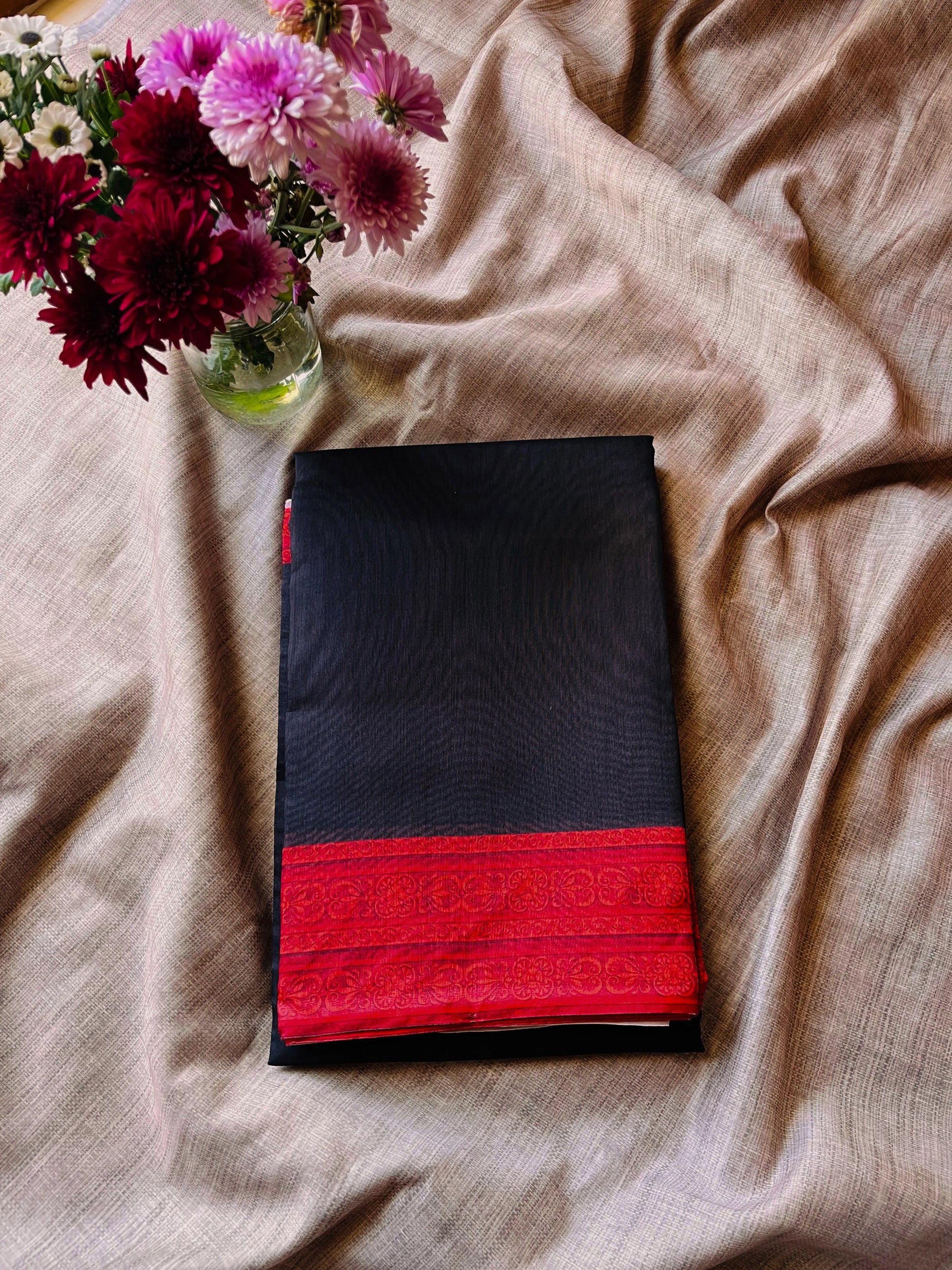 Black Cotton Mulmul Saree with Black Blouse 01