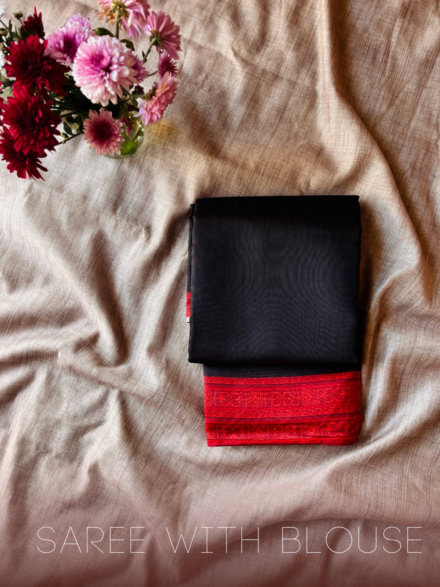 Black Cotton Mulmul Saree with Black Blouse 03