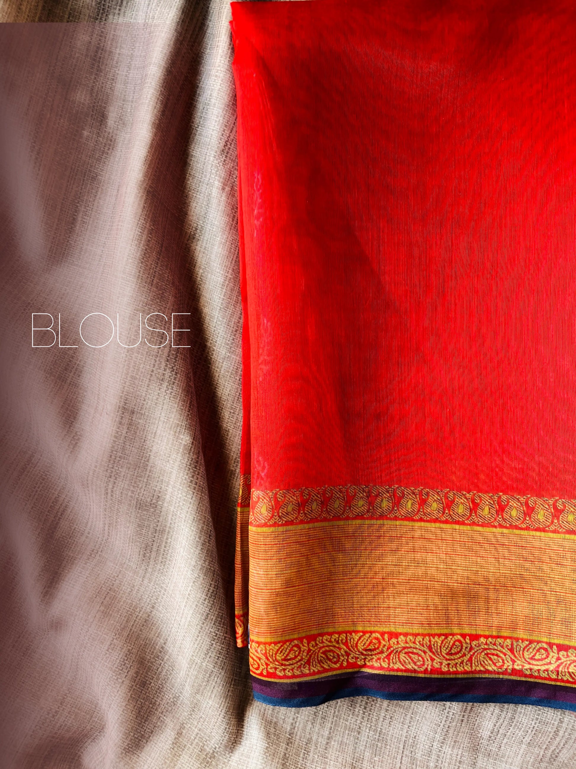 Blue Printed Cotton Mulmul saree with Red blouse 03
