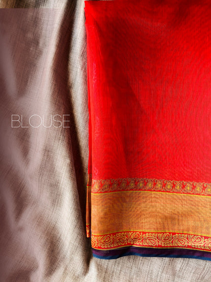 Blue Printed Cotton Mulmul saree with Red blouse 03