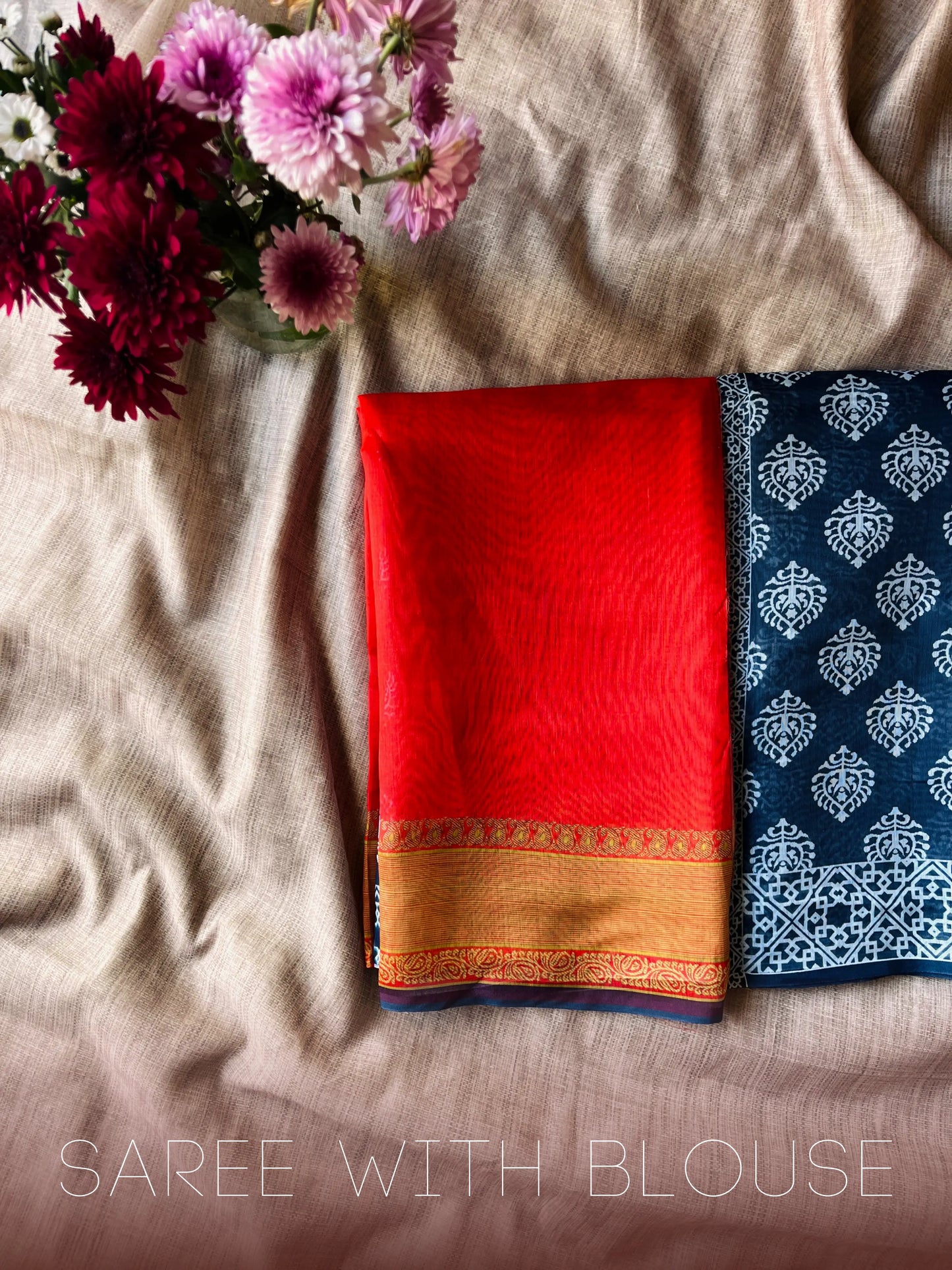 Blue Printed Cotton Mulmul saree with Red blouse 04