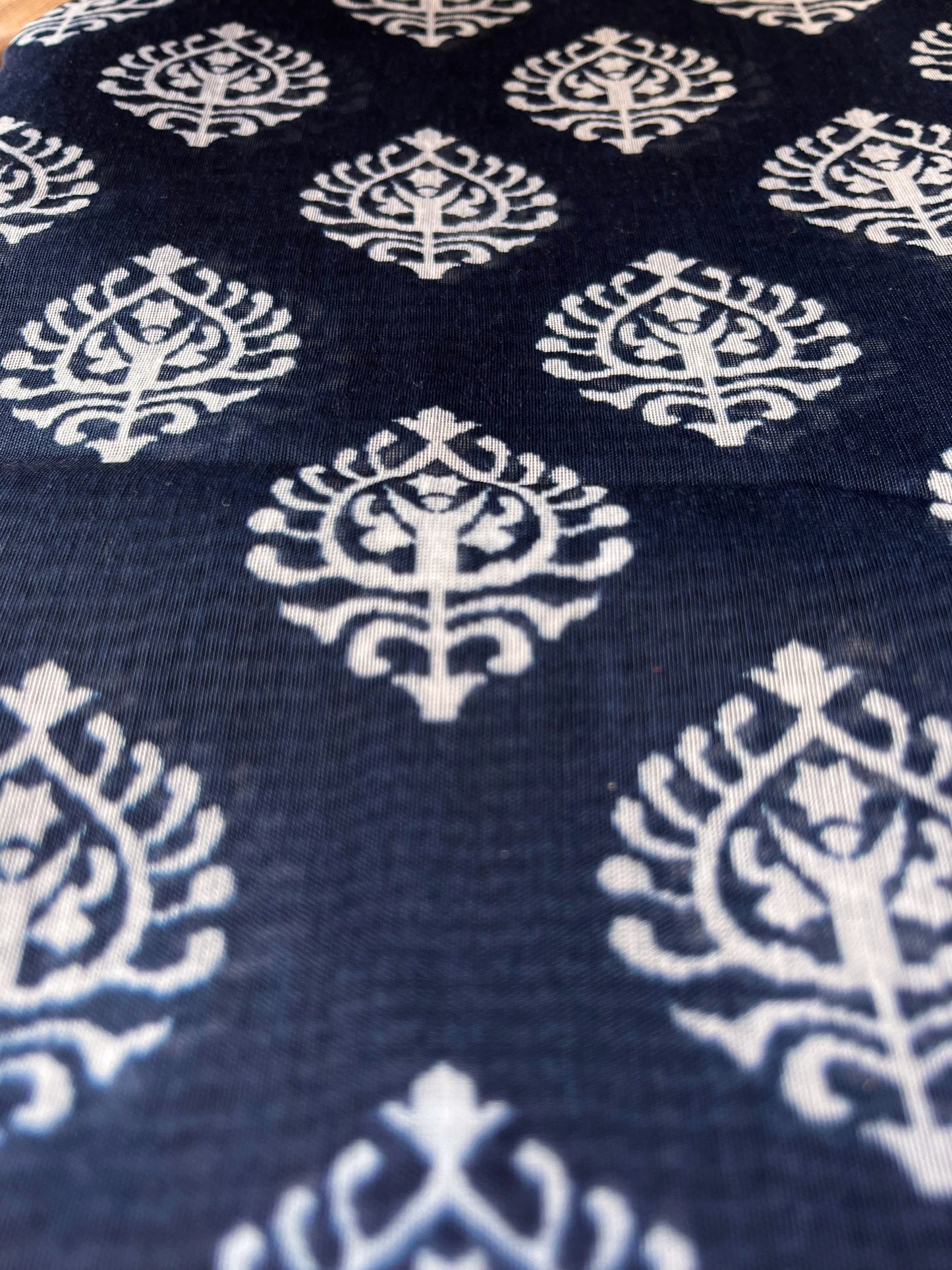 Blue Printed Cotton Mulmul saree with Red blouse 06