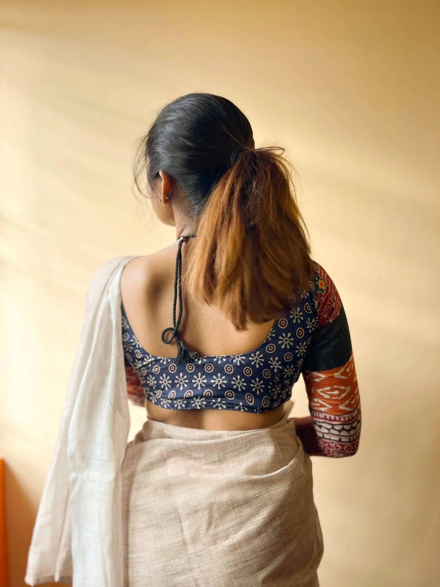 Back View of Cream Cotton Mulmul Saree