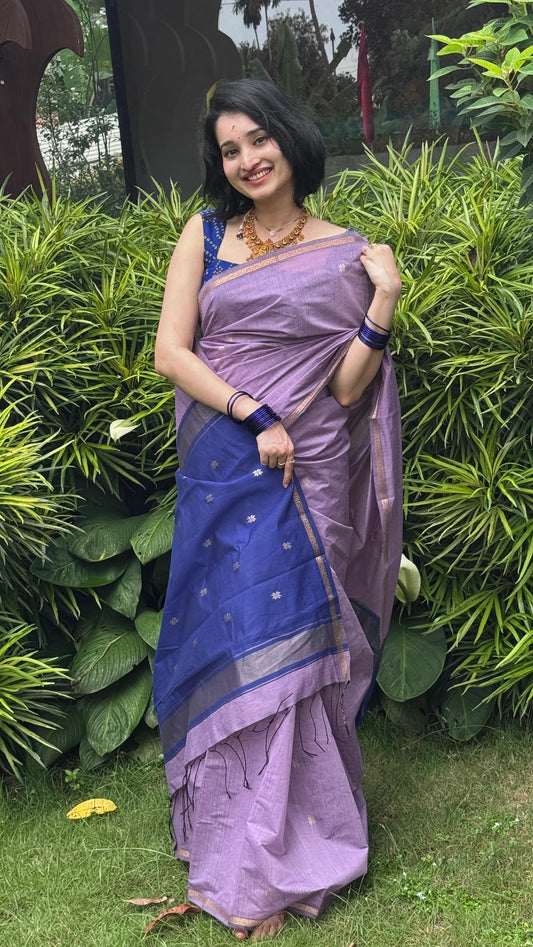 Purple Semi Silk Cotton Mix Saree With Blue blouse