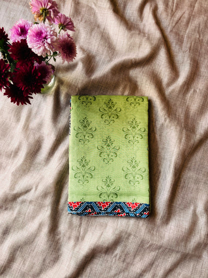 Light Green Cotton Mulmul Saree With Red and Blue Printed Blouse 01