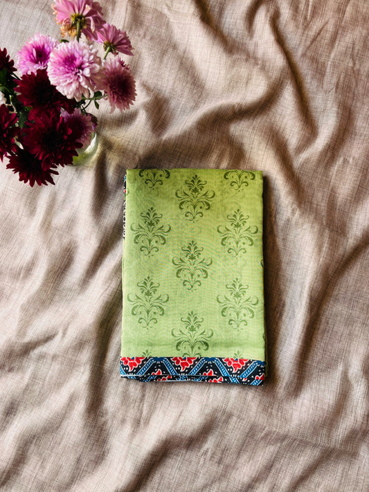Light Green Cotton Mulmul Saree With Red and Blue Printed Blouse 01