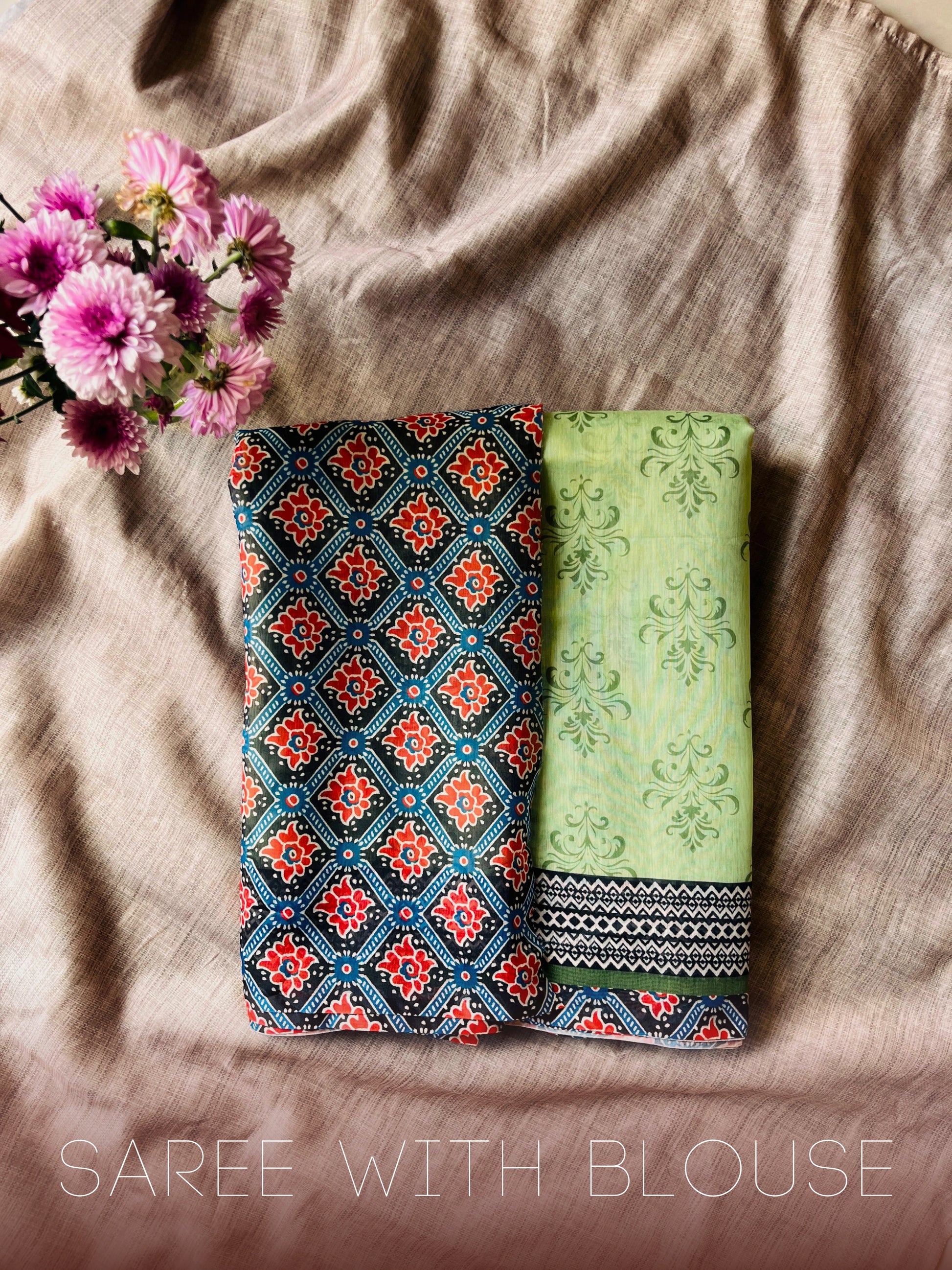 Light Green Cotton Mulmul Saree With Red and Blue Printed Blouse 04