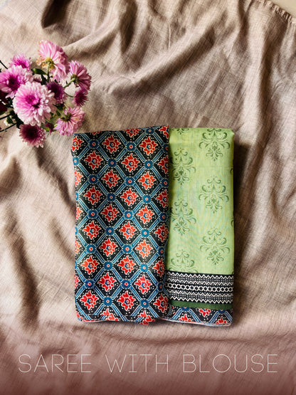 Light Green Cotton Mulmul Saree With Red and Blue Printed Blouse 04