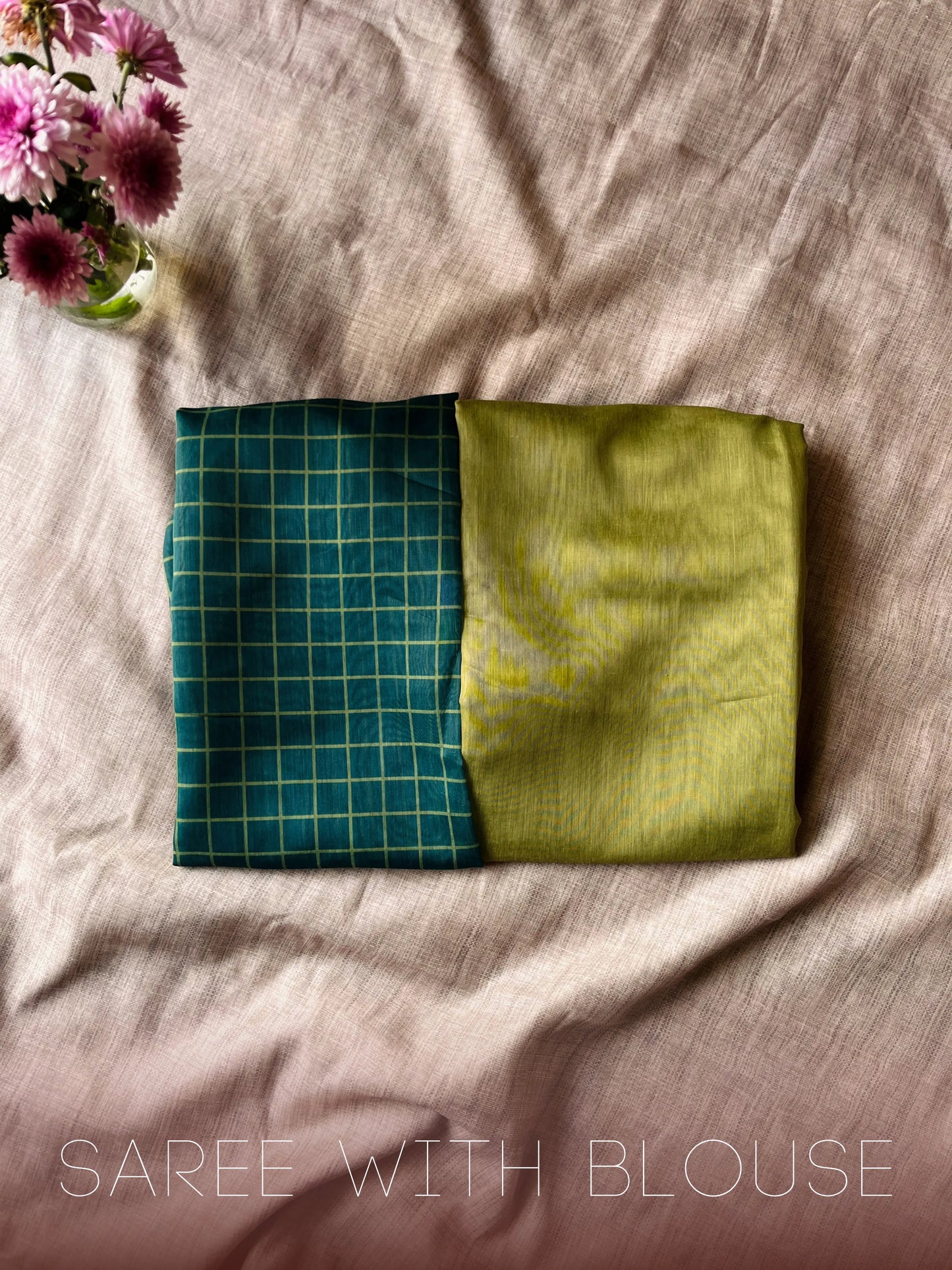 Light green Cotton Mulmul Saree with Dark Green Blouse 04