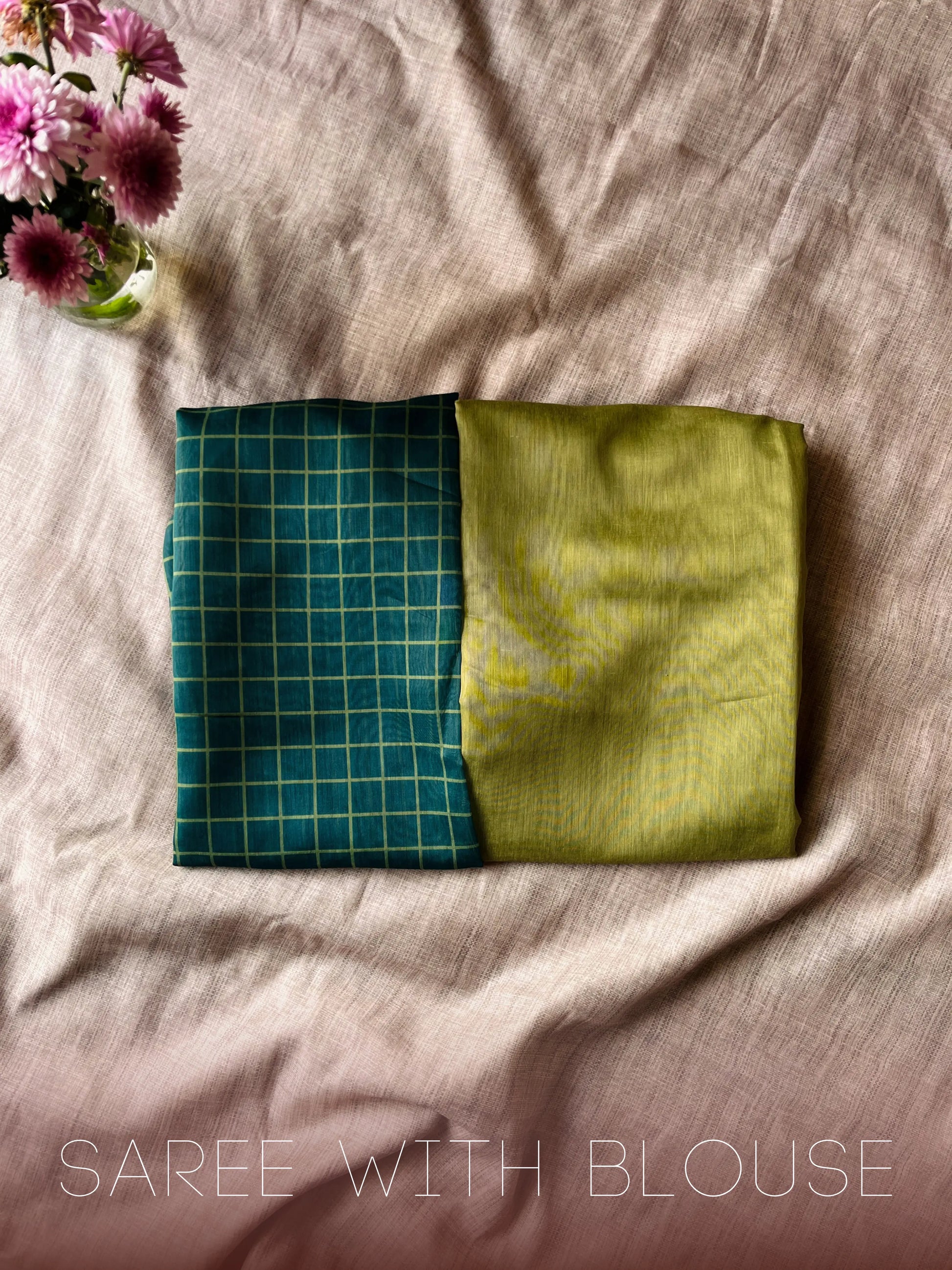 Light green Cotton Mulmul Saree with Dark Green Blouse 04