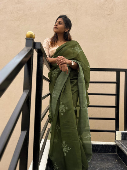 Olive Green Cotton Mulmul Saree with Cream Blouse