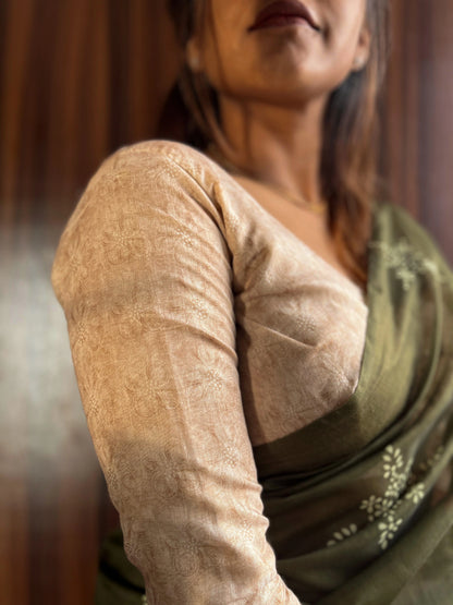 Olive Green Cotton Mulmul Saree with Cream Blouse