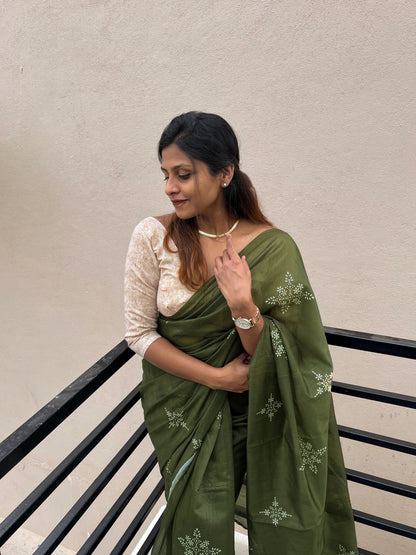 Olive Green Cotton Mulmul Saree with Cream Blouse